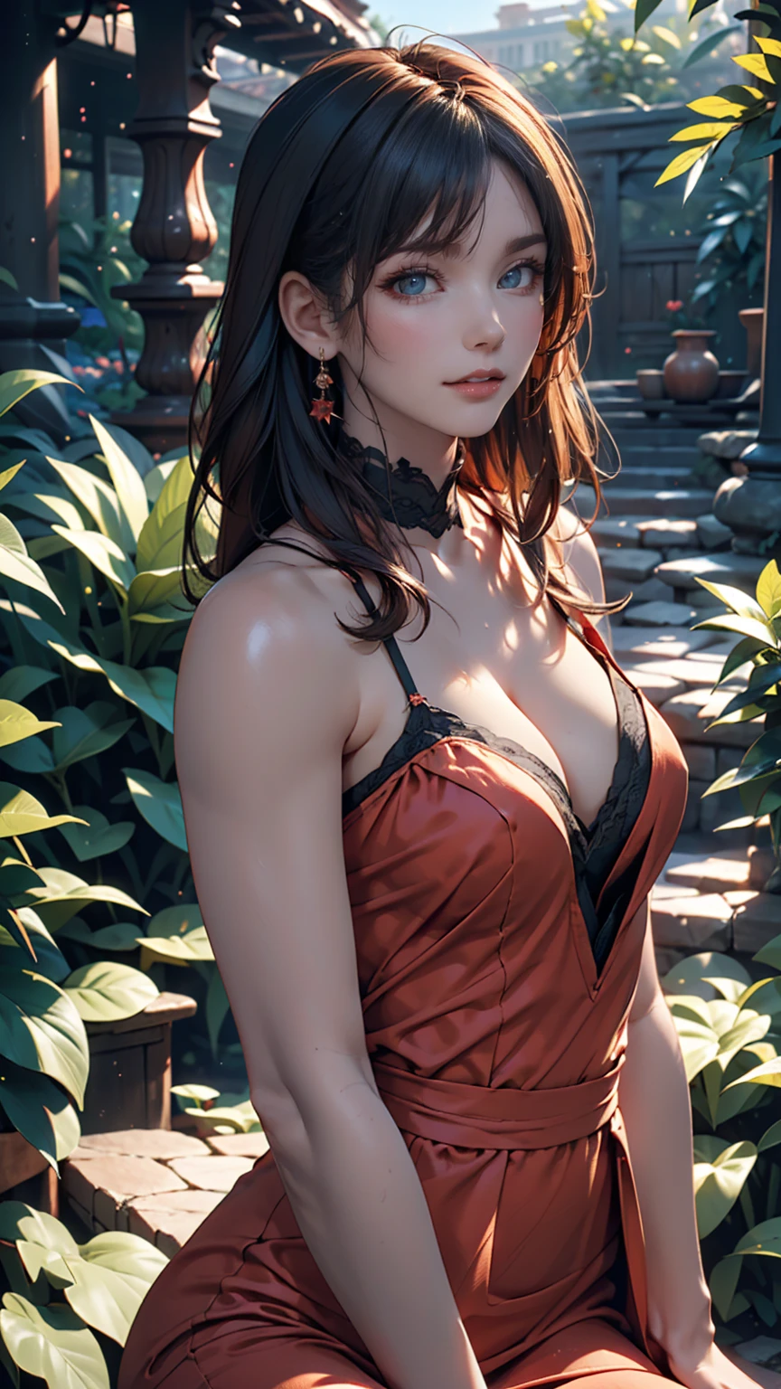 short hair, mmmm, (Sharp focus:1.2), photograph, Attractive Young Woman, (Beautiful Face:1.1), Detailed eyes, Seductive lips, (Bold red lip color:0.85), (Medium chest:1.0), (The body is slim:1.2), (Long Hair:1.2), wear (1980s Peplum Dress:1.2) in (botanical garden:1.2). (Moody lighting:1.2), Depth of written boundary, Bokeh, 4K, High resolution. by (James C. Christensen:1.2|Jeremy Lipking:1.1).