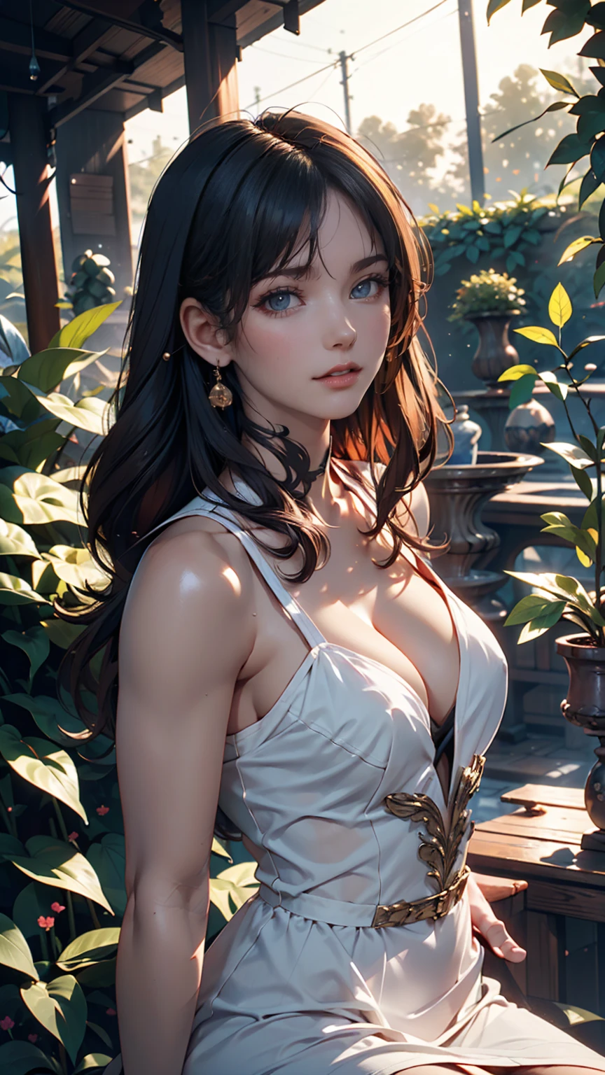 short hair, mmmm, (Sharp focus:1.2), photograph, Attractive Young Woman, (Beautiful Face:1.1), Detailed eyes, Seductive lips, (Bold red lip color:0.85), (Medium chest:1.0), (The body is slim:1.2), (Long Hair:1.2), wear (1980s Peplum Dress:1.2) in (botanical garden:1.2). (Moody lighting:1.2), Depth of written boundary, Bokeh, 4K, High resolution. by (James C. Christensen:1.2|Jeremy Lipking:1.1).
