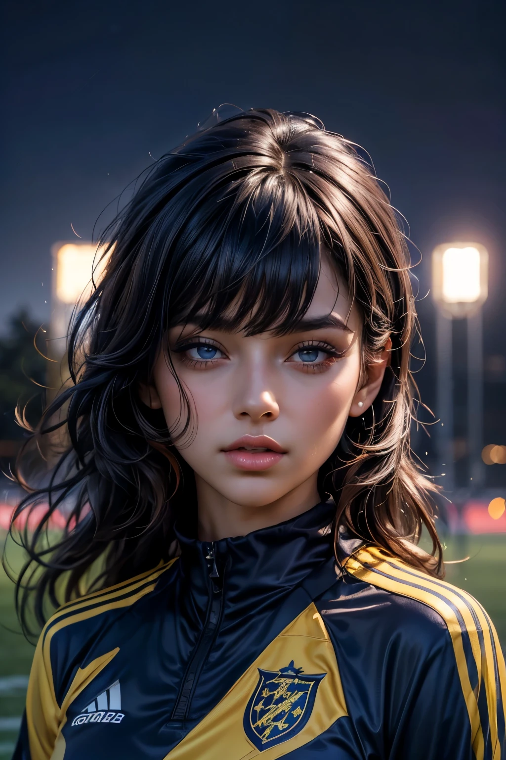 8K, Best Quality, 1girl, (skindentation), Night, (Dark), outdoor, Beautiful Bangs, Gorgeous,, (Clothing soccer Uniform:1.3),Soft Lighting, Attractive, soccer field, (Mouth Closed:1.2, Beautiful Eyes, Detailed Eyes, Detailed Iris, Beautiful Lips, Beautiful Nose, Beautiful Face),(Primary Colors:1.5)