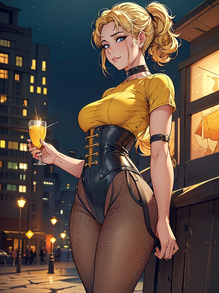 Just one girl,white skin,(glow up),Best quality, 4k, high resolution, body stuck dress, perfect smile, gorgeous, light skin, ahegao face, black eyes,(beautiful eyes),detail eyes, realastic eyes,  long hair , blonde hair (hair colour is blonde) ,straight hair, pony tail hair, wearing a short yellow tee  (top is yellow colour) and wearing black high-waisted  short jean, short jean),and wearing skinny stalking pantyhose(fishnet stalking pantyhose), wearing leg harness (thigh harness),  clothes are stuck in body, bodyfit outfit,1 girl, solo, seductive look, elegance and charm, (masterpiece, best quality, high resolution), looking at the viewer, standing, (intricate and beautiful:1.2), (detailed light:1.2), (soft light, side light), (high resolution textures) , outdoor, white skin girl ,outdoor background, sun light, attractive, sexy, mature and hot, young,(masterpiece:1.3), (disorganized:1.3), (highest quality:1.3), perfect anatomy, detailed face, front view, perfect right hands, looking at viewer, (Super detailed:1.3), (best shadow:0.7), (treated hair), fine eyes, beautiful eyes, young aged woman, alone, standing, crystal earrings,closed_mouth, , outdoors, arrogant face, small ,outfit detail,
Correct outfut details,thick thighs,