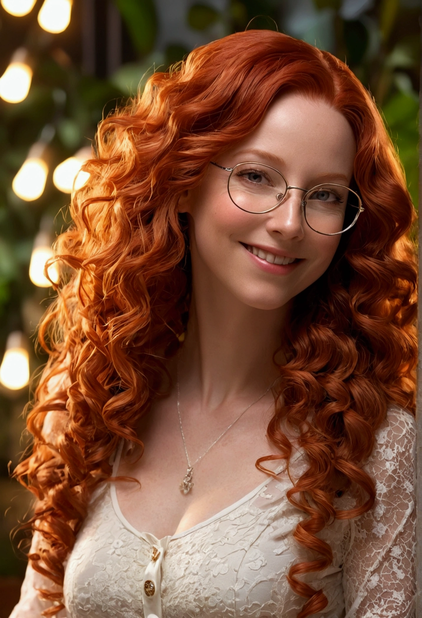very detailed, 8k, master part, 1 mature , long curly red hair, don,nuts_snort, (perfect_muka), circumstantiated_Backstory, Filled_cos, flower, (beautiful lighting: 1.3), caustics, dynamic lighting, off_down, with glasses, adorable look smiling, big matrue with transparent clhotes