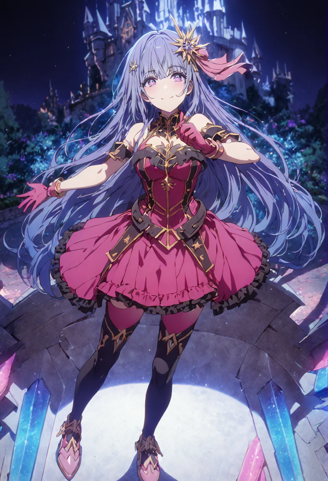 great quality ++ Extremely detailed high resolutionolution, very aesthetic, expressive eyes, (((perfect face))), (((face symmetrical))), ((good anatomy)), (((perfect hands))), (((8k))), UHD, HD wallpaper, (((detailed high cal, (((((1girl)))))), only, masterpiece, La Best Quality, high resolution, Highly detailed, (illustration), beautiful detailed eyes, (((combatant))), (((((1girl))))), ((((fullbody)))), (((((Miku Izayoi))))), (((rvcm_duotone3_hairstyle))), (((agglutination))), Combination, (((mature female))), (((bangs))), (((blunt bangs))), (((hime cut))), (((hair ornament))), (((Idol))), (((star-shaped pupils))), ((((purpler hair)))), (((purple eyes))), (((pink dress))), (((Sleeveless Dress))), (((pink gloves))), (((pink thighhighs))), (((belt))), (((narrow shoulders))), (((narrow waist))), (((They are smiling))), Long hair, huge, garden of a castle, (((mature female))), masterpiece, Best Quality, ((masterpiece)), ((best calidra derailed)), Upper part of the body, (((face to face look))),