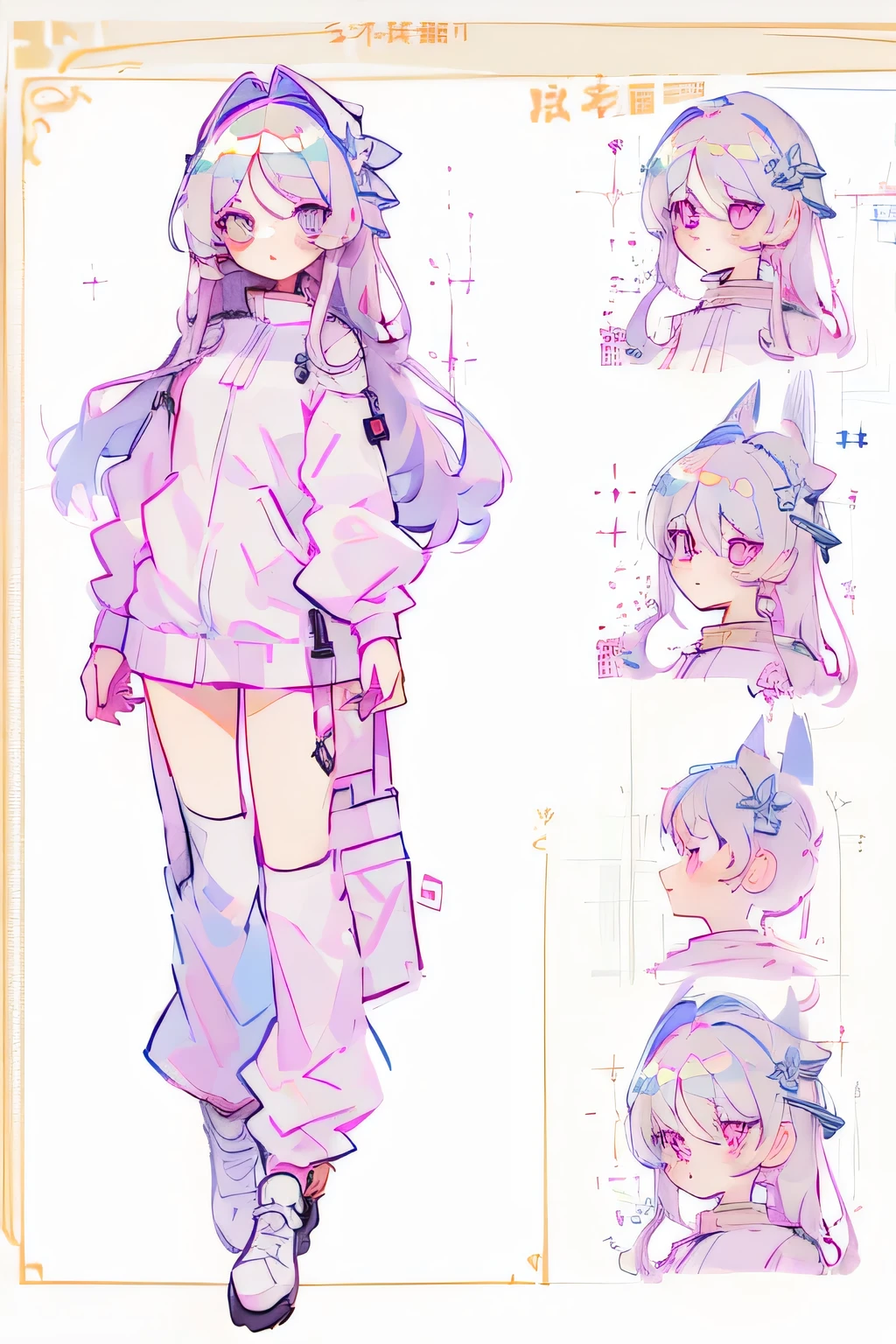 (1girl, solo, long hair), innocent expression, character reference sheet, character design art.