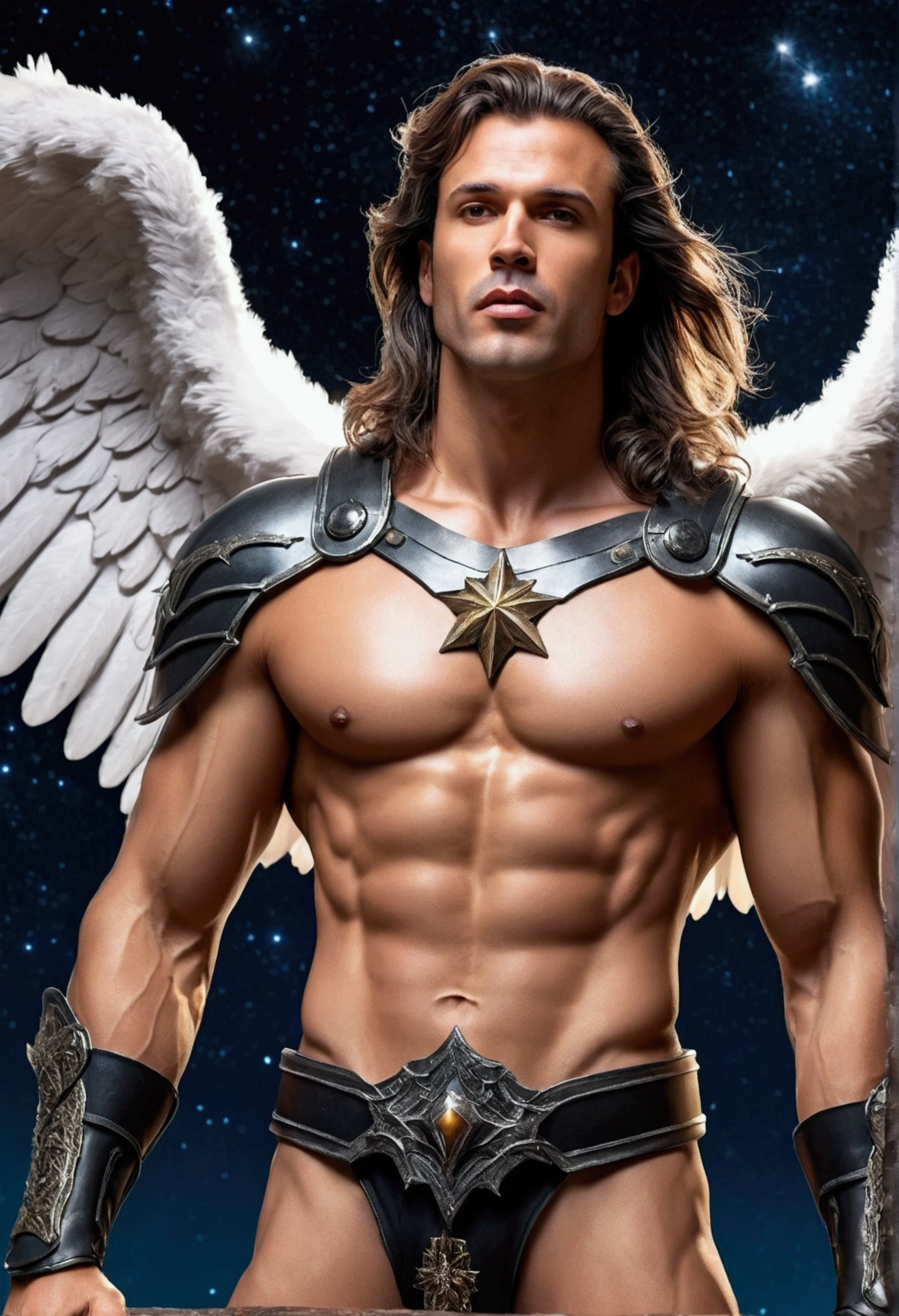 realistic angel, masculine and rustic man with strong chest, little hair, with a sexy body, highlighting his large penis in his warrior armor, long hair, sexy mouth, penetrating sexy look, realistic black wings open, long and open, floating over the starry sky