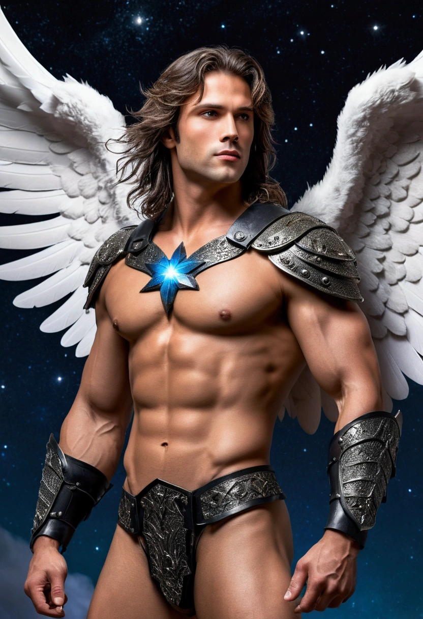 realistic angel masculine and rustic man with a sexy body, highlighting his large genital organ in his warrior armor long hair penetrating eyes long and open wings floating over the starry sky