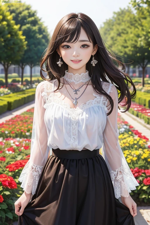 (Highest quality、 8k 、masterpiece、High resolution)、wallpaper、Young Woman、Ample breasts、Slender beauty、(Brown and black medium、My hair is blowing in the wind、Flows backwards)、whole body、 (Beautiful Face,Beautiful Eyes,Beautiful nose,Pretty lips)、(Flower Earrings、silver heart pendant necklace)、(Feminine Style、3/4 Sleeve Lace Blouse、Tulle skirt)、Her mouth opens slightly and a smile appears.、Dynamic pose、Outdoor、garden、Colorful flowers、looking at the camera、Professional Lighting、Professional photographer、