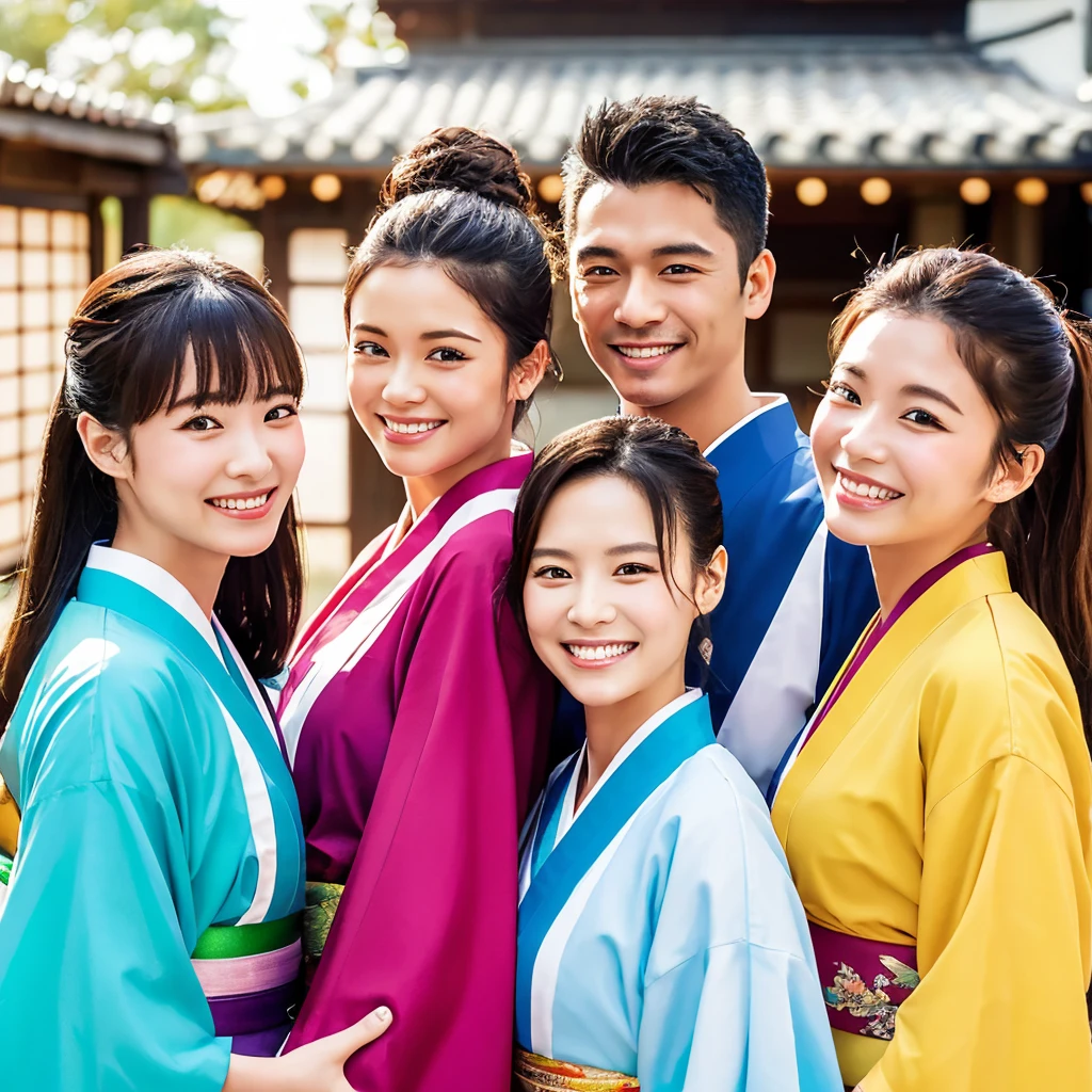 ((masterpiece、Highest quality、Official Art、Photorealistic))、Japanese Ryokan、(Four female employees、pretty girl、smile、kimono)、Mr.々Hair style、(Sweat a lot、Glowing Skin)、Anime key visual, ((The characters are unique))