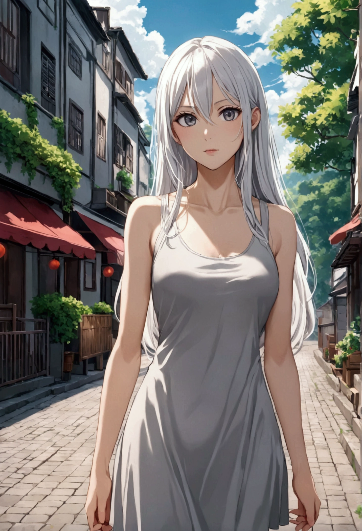 A girl with long white hair,shining grey eyes, slender and athletic built, average height,mature face, casual dress, detailed eyes, detailed body, 8k highres best quality.