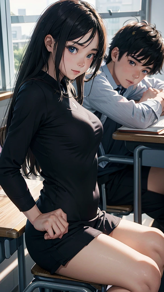 a young couple in a school classroom, girl wearing tight clothes he studying at a desk, morning sunlight streaming through windows,