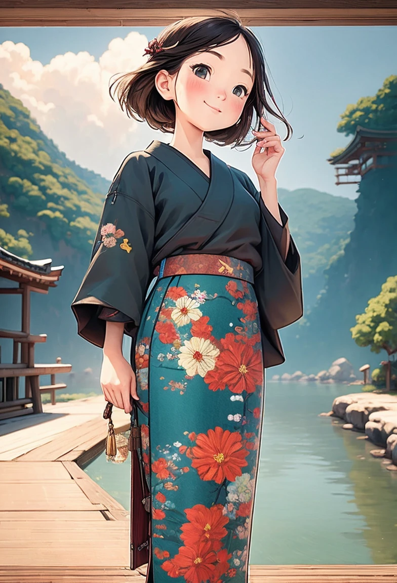 (masterpiece:1.5),(best quality:1.5),(Extremely detailed:1.3),(illustration:1.2),(8k wallpaper:1.2),(best quality:1.2),(Very detailed:1.2),(shorten),(Photorealism),(Photorealismistic),(Unreal Engine),(high resolution:1.2),(painting:1.05),(cross hatch)(best quality:1.1),(Surrealism:1.1),(Extremely detailed,beautiful),, panoramic,, 1 Girl,, (Shirt and layered skirt), , Smile,, Standing,, (on Okinoshima),,  Japan,Okinoshima