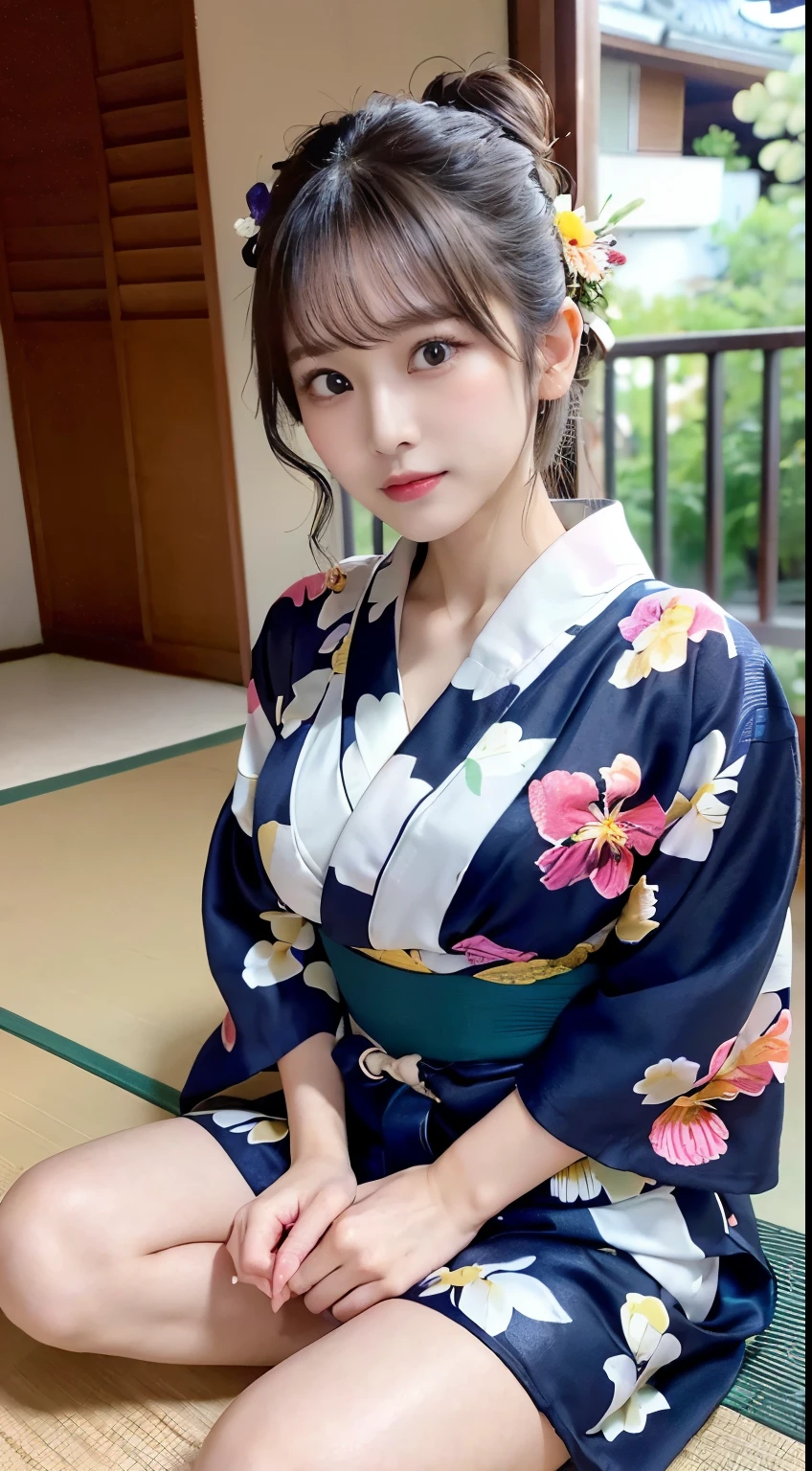 Disheveled clothing、Big breasts with bare shouldery skin is shiny with sweat、((Emphasis on the cleavage of big breasts))、Year old Japanese cute idol、((Highest quality、16K、Masterpiece:1.3))、Fine skin、Slender beauty:1.3、(F Cup Big:1.1、Slender Abs:1.2)、((Sparklers on the veranda)、(Ultra-detailed face and skin texture、Detailed eyes、double eyelid、Detailed eyes)、(Floral Yukata:1.3)、(Sitting on the floor、Sharp focus:1.1、Spread your legs