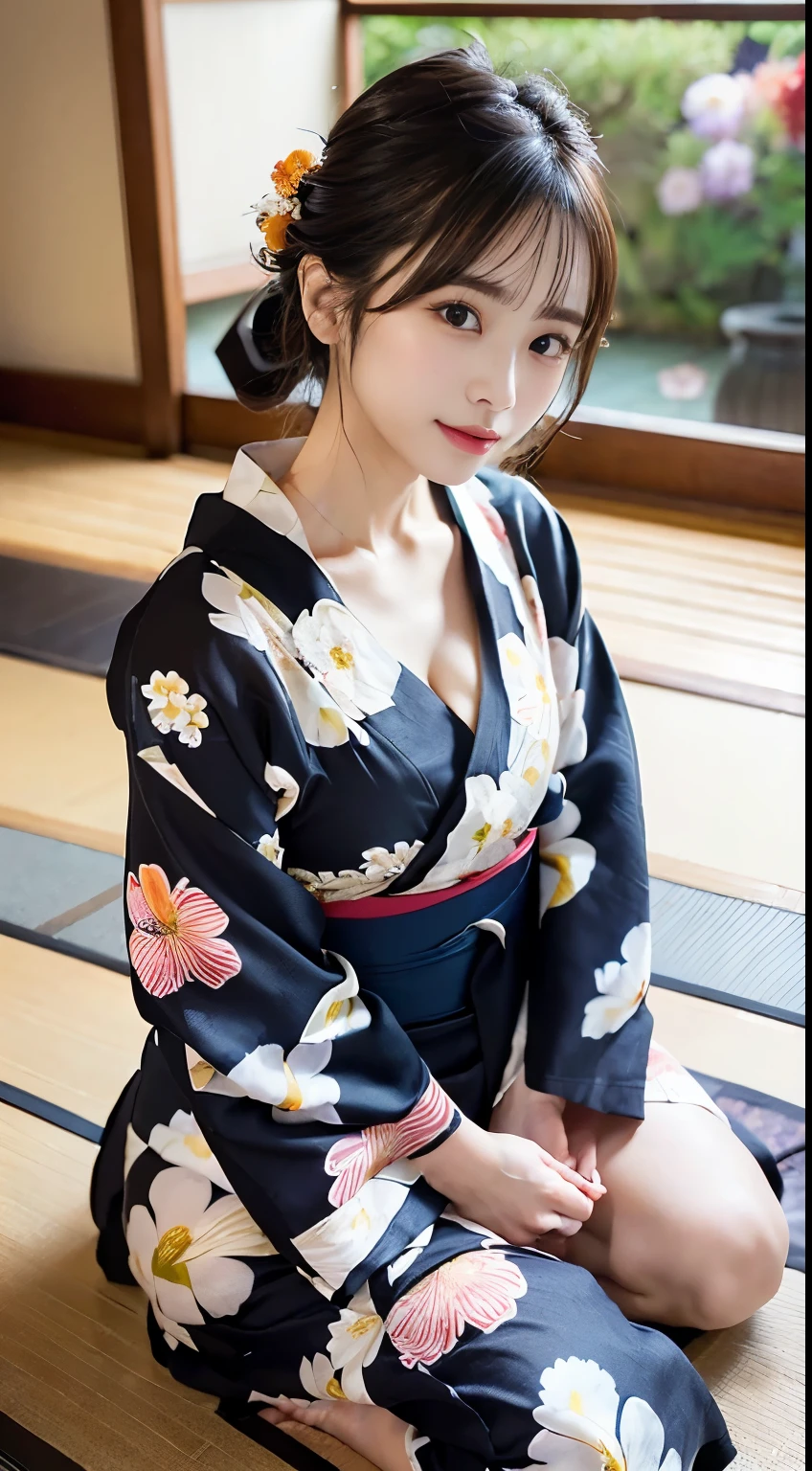 Disheveled clothing、Big breasts with bare shouldery skin is shiny with sweat、((Emphasis on the cleavage of big breasts))、Year old Japanese cute idol、((Highest quality、16K、Masterpiece:1.3))、Fine skin、Slender beauty:1.3、(F Cup Big:1.1、Slender Abs:1.2)、((Sparklers on the veranda)、(Ultra-detailed face and skin texture、Detailed eyes、double eyelid、Detailed eyes)、(Floral Yukata:1.3)、(Sitting on the floor、Sharp focus:1.1、Spread your legs