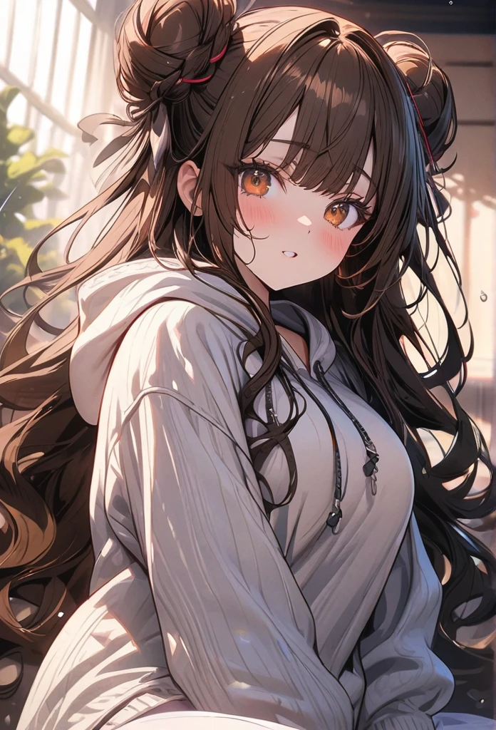 (masterpiece), best quality, very aesthetic, newest, absurdres, detailed, high quality
BREAK
highest quality, top quality, details, highres, ultra fine painting, digital art, official art, splash art, cinematic, 4k, 8k resolution, 8K CG wallpaper, original artwork, detailed background, High Dynamic Range, lens flare, blurry background, Starburst effects, crepuscular rays, good ISO, high resolution, wide shot, from far away, POV, sharp focus, light reflection, reflections, intricate details, soft light, particle noise, professional photography, bokeh, depth of field, studio lighting, vibrant colors, detailed lights and shadows, stylish, ultra-detailed, top rated on Pixiv, trending on Artstation, niji style, master crafted, pose
BREAK
solo, (close up), from above, 1girl, pale skin, correct fingers, detailed hand, (big toned breasts:1.2), big thighs, small torso, short body, flushtered, blush, anxious expression, embarassed, embarassed act, casual, slim, ((cute, childlike face):1.3), nice body, nice hips, brown hair, (very long flowing hair, 2 buns hairstyle), long bangs, long hair, middle hair bangs, brown eyes
BREAK
(visible body indentation, (a one-piece oversized hoodie), comfortable vibe) 
BREAK
(Full bed sheets background, (the subject is in a laying down position on the bed with her head placed on a pillow)), messy bedsheets, pillows
