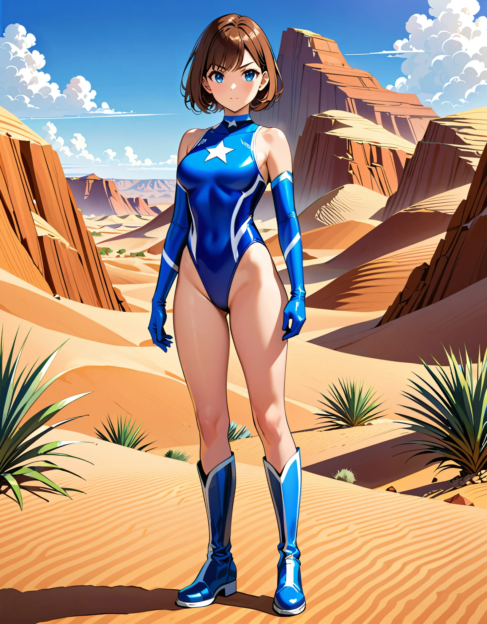 (masterpiece), (best quality), (high res), highly detailed, professional, 1girl, tall body, wonder, superhero, blue choker, blue eyes, blue footwear, blue gloves, matching boots, (blue leotard, competition swimsuit, elastic sleeves), medium breasts, brown hair, knee boots, short hair, bob hair, solo, determined, full body, college-age female, cowboy shot, hand on hip, dynamic standing pose, full body costume design. desert backdrop.