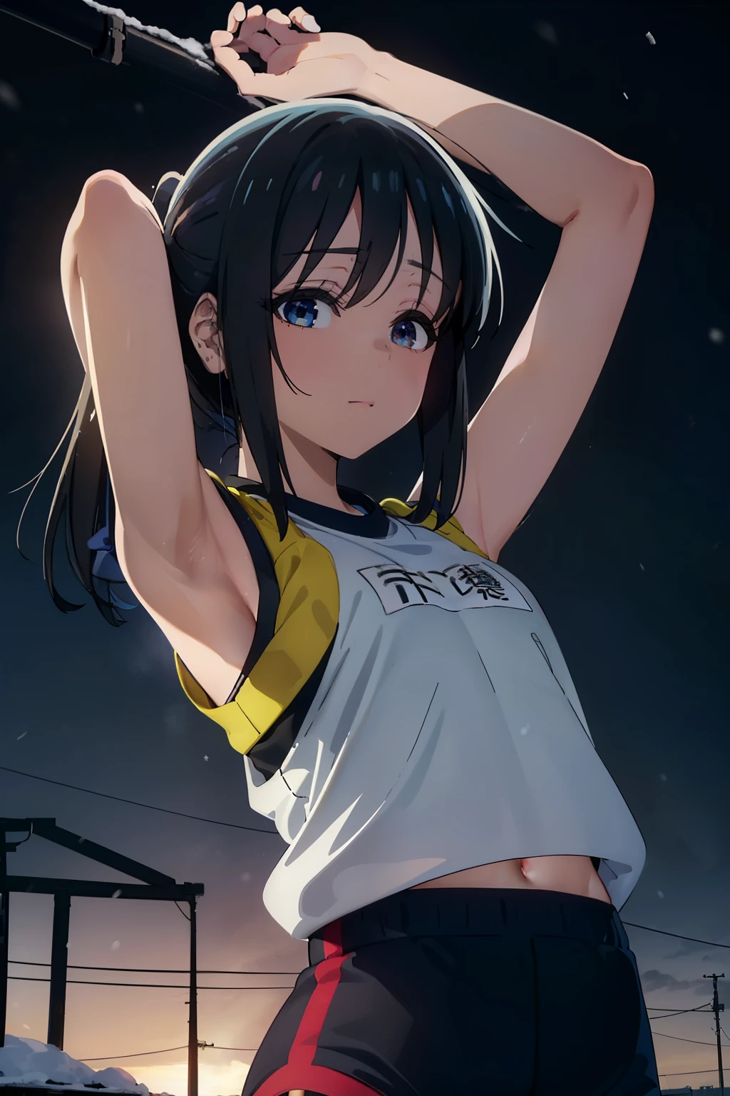 ((Obra maestra, La mejor calidad, ultrahigh resolution)), (((a girl in a gym uniform, blue Japanese ladies gym shortlack hair, dark black hair))), long hair cut, pale skin, ((brown eyes)), glowing_eyes, neon eyes, (ultra detailed eyes:0.7, beautiful and detailed face, detailed eyes:0.9), ((centered)), ((cute smile, pretty)), facing viewer, eye level, ((vibrant background, snowy landscape, cityscape, snowing)), flat chested, looking at viewer, ((half closed eyes)), ((perfect hands)), (((head:1, arms, hips, elbows, in view))), ((hands behind back)), empty eyes, beautiful lighting, outside, outdoors, background, defined subject, 18 years old, (head tilt)