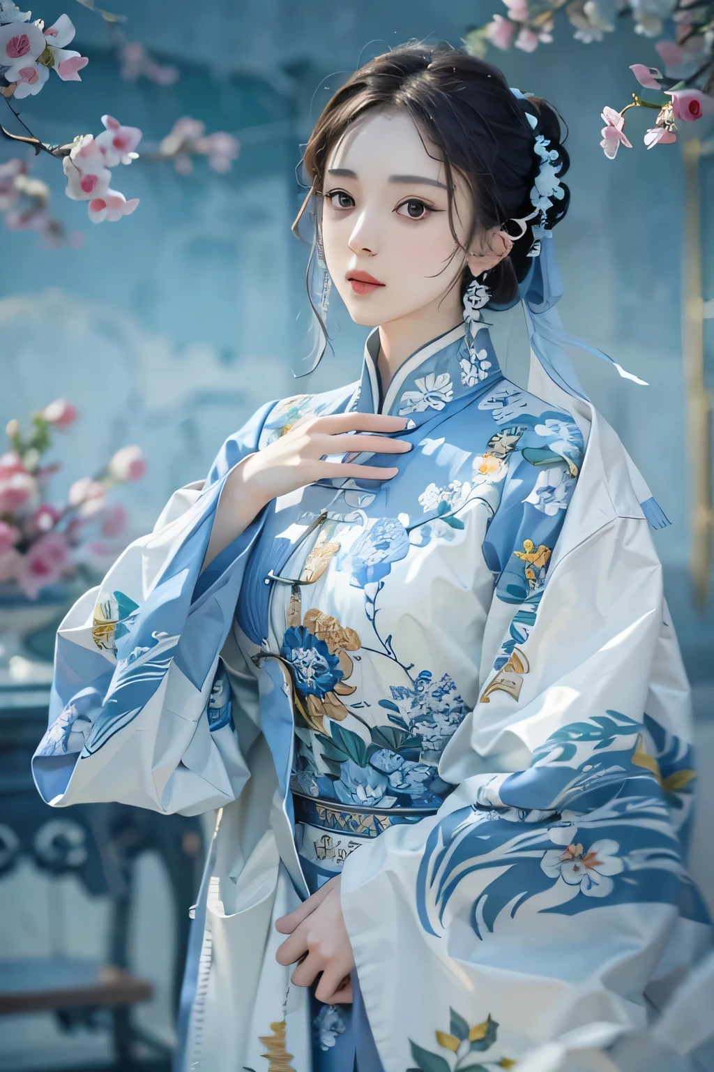 Highest quality，masterpiece，Actual photo shoot，Official Art，Perfect Girl，Professional photography，Photo pose，Blue and white porcelain-style Chinese clothing