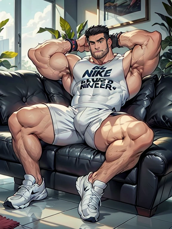 （A male athlete wearing Nike white shorts and Nike white socks，He sat on the couch，He leaned back on the sofa,He is muscular，He has thick body hair, especially on his calves and arms.,Close-up shot），There is a white wall behind the sofa，There are low-lying tropical plants on the floor next to the sofa.，Floor tiles are laid on the ground，Carpet under the sofa，Two landscape paintings hanging on the white wall，Pink and white sports shoes，Pink sleeveless top