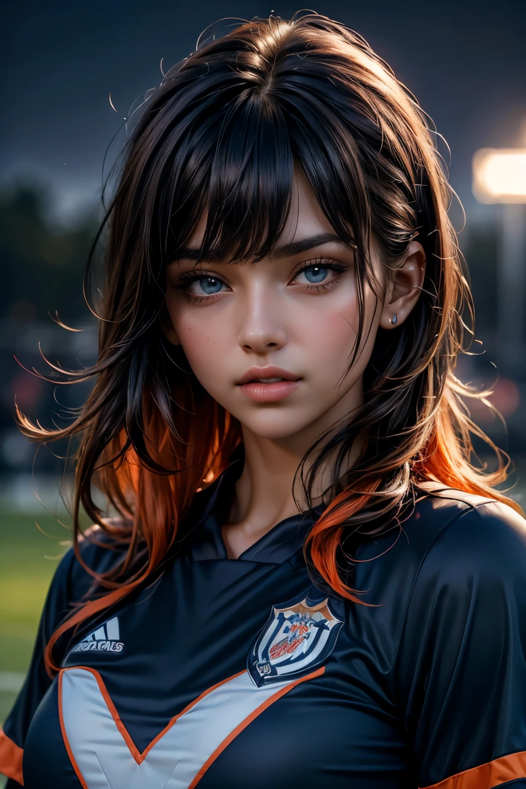 8K, Best Quality, 1girl, (skindentation), Night, (Dark), outdoor, Beautiful Bangs, Gorgeous,, (Clothing soccer Uniform:1.3),Soft Lighting, Attractive, soccer field, (Mouth Closed:1.2, Beautiful Eyes, Detailed Eyes, Detailed Iris, Beautiful Lips, Beautiful Nose, Beautiful Face),(Primary Colors:gree.orange)