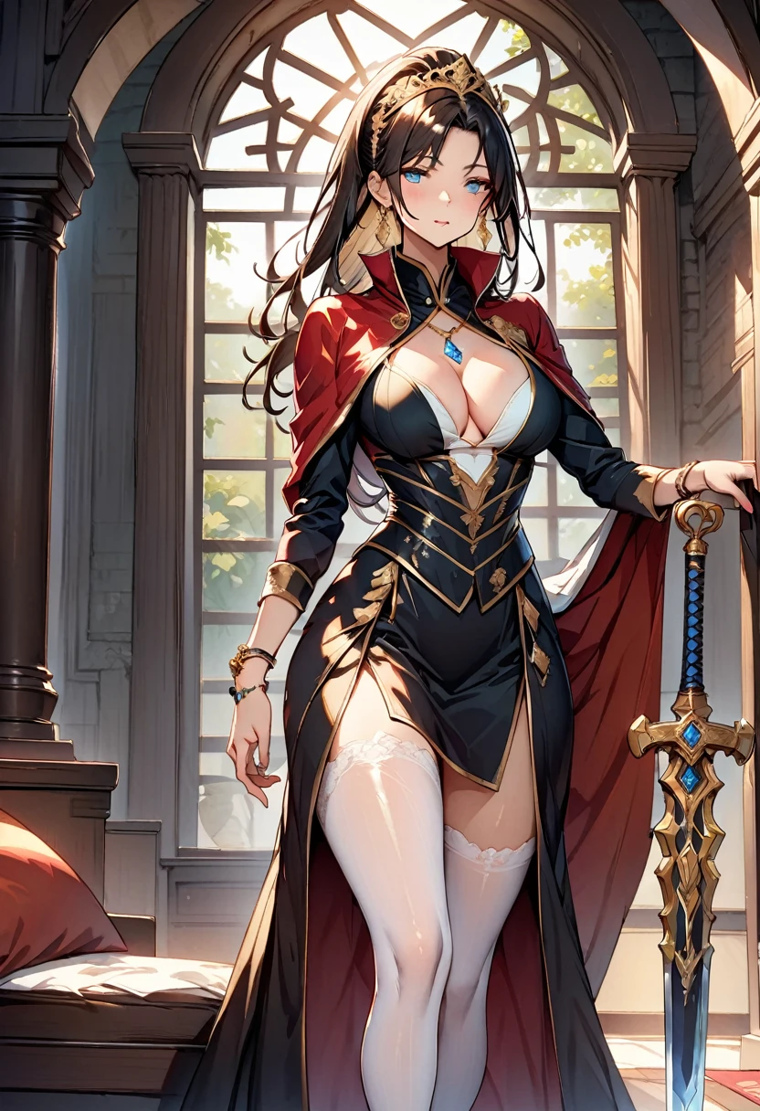 1 young beautiful woman,(Highest quality,Extremely detailed depiction,Incredibly absurd high resolution,Anatomically accurate depiction,Curvy Legs),(Glowing Skin,Shiny skin),(A female swordsman with a noble air),(Mysterious and luxurious combat uniform,Transparent gemstones and precious metals decoration,Exquisite armor detailing,Holy sword,tiara,Cape,White tights),(Blue Eyes,Half-closed eyes:1.3,Shadowed face,lipstick,There is cleavage in the chest,Cool look),eyelash,Luxury accessories,Earrings,necklace,Bracelet,Standing posture