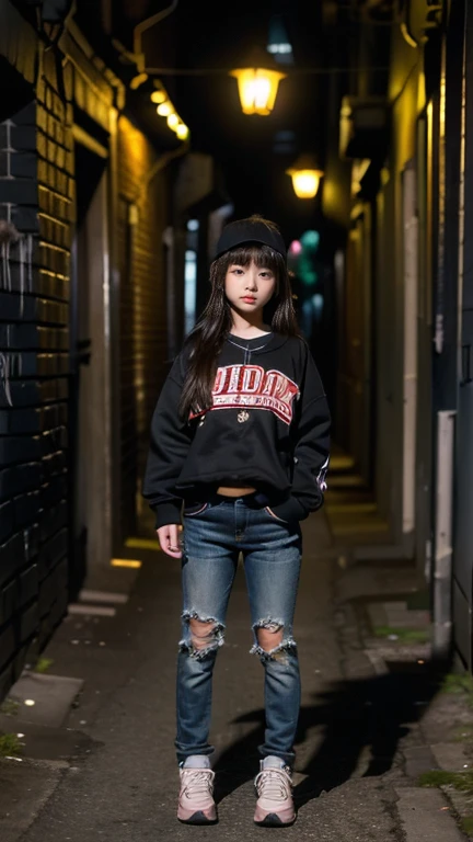 (((11 year old girl))), (((standing in dark alley downtown))), (((midnight))), alone, Japanese, medium hair, wearing cap, straight face, no smile, angry expression, no eye contact with viewer, old stadium jumper and crushed damaged jeans Poorly dressed, looks like a prostitute, back alley in old European city, streetlight illuminates girl's face in darkness, movie scene, high resolution, highly detailed, fine detail, masterpiece, top quality, awards, highest resolution, photorealistic, raw photo, 8K wallpaper