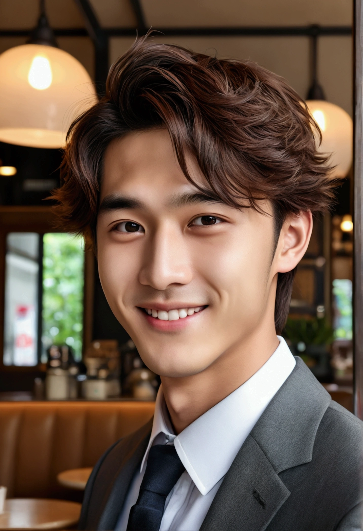 Highest quality, masterpiece, Ultra-high resolution, (Realistic: 1.4), Original photo, wallpaper, Head Photo, skin, Simple Background, iris, detailed, Selfie, 1 boy, 20-year-old, good looking,suit、Japanese, smile, cafe