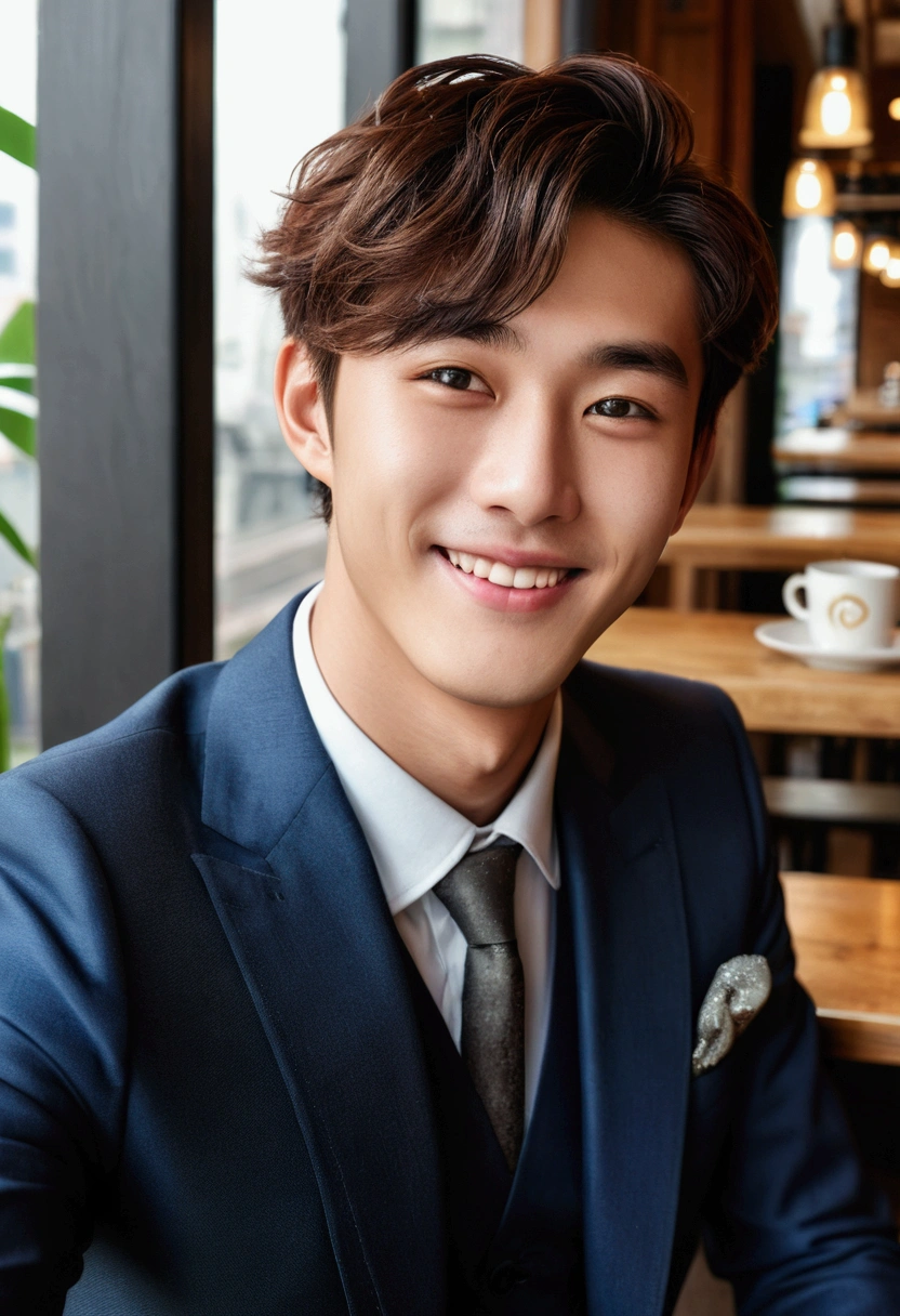 Highest quality, masterpiece, Ultra-high resolution, (Realistic: 1.4), Original photo, wallpaper, Head Photo, skin, Simple Background, iris, detailed, Selfie, 1 boy, 20-year-old, good looking,suit、Japanese, smile, cafe