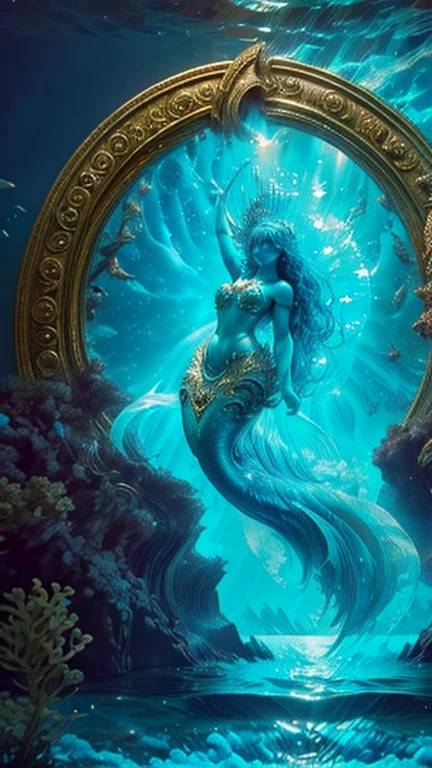 (RAW shooting:1.5, realistic:1.5, 8k), (highest quality, masterpiece, ultra high resolution), bright, perfect dynamic composition, Highly detailed skin and facial textures:1.3,Create a digital artwork titled "Eternal Serenity" that captures a breathtaking, surreal underwater world. Imagine an expansive underwater landscape illuminated by the gentle, ethereal glow of bioluminescent marine life. The scene should feature an ancient, majestic sunken city with intricate, overgrown ruins, evoking a sense of timeless mystery and wonder.
In the foreground, depict a graceful mermaid queen adorned with delicate, shimmering scales and flowing, iridescent hair. She holds a trident encrusted with precious gems, symbolizing her reign over this underwater kingdom. Surround her with a diverse array of fantastical sea creatures, from luminous jellyfish to vibrant schools of exotic fish, each contributing to the otherworldly ambiance.
The background should transition into the deep ocean, with beams of sunlight piercing through the water, creating a mesmerizing interplay of light and shadow. Incorporate elements like ancient, coral-covered statues and treasure chests, hinting at the rich history and untold stories buried within this underwater paradise.