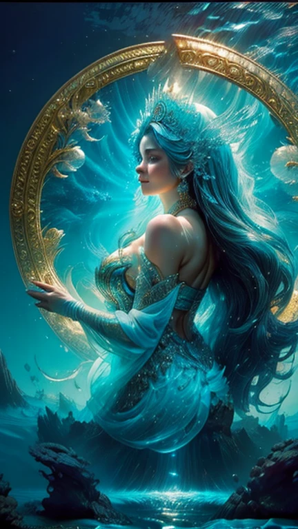 (RAW shooting:1.5, realistic:1.5, 8k), (highest quality, masterpiece, ultra high resolution), bright, perfect dynamic composition, Highly detailed skin and facial textures:1.3,Create a digital artwork titled "Eternal Serenity" that captures a breathtaking, surreal underwater world. Imagine an expansive underwater landscape illuminated by the gentle, ethereal glow of bioluminescent marine life. The scene should feature an ancient, majestic sunken city with intricate, overgrown ruins, evoking a sense of timeless mystery and wonder. 

In the foreground, depict a graceful mermaid queen adorned with delicate, shimmering scales and flowing, iridescent hair. She holds a trident encrusted with precious gems, symbolizing her reign over this underwater kingdom. Surround her with a diverse array of fantastical sea creatures, from luminous jellyfish to vibrant schools of exotic fish, each contributing to the otherworldly ambiance.

The background should transition into the deep ocean, with beams of sunlight piercing through the water, creating a mesmerizing interplay of light and shadow. Incorporate elements like ancient, coral-covered statues and treasure chests, hinting at the rich history and untold stories buried within this underwater paradise.

