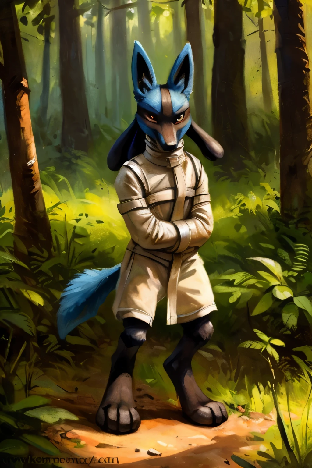 High quality photo, (full length portrait of lucario in straitjacket), looking at the viewer, Alone, forest, nature, detailed background, depth of field, by Kenket