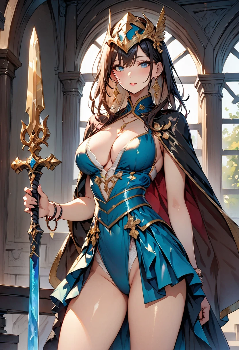 1 young beautiful woman,(Highest quality,Extremely detailed depiction,Incredibly absurd high resolution,Anatomically accurate depiction,Curvy Legs),(Glowing Skin,Shiny skin),(A female swordsman with a noble air),(Mysterious and luxurious combat uniform,Transparent gemstones and precious metals decoration,Exquisite armor detailing,Holy sword,Valkyrie Helmet,Cape,White tights),(Blue Eyes,Half-closed eyes:1.3,Shadowed face,lipstick,There is cleavage in the chest,Cool look),eyelash,Luxury accessories,Earrings,necklace,Bracelet,Standing posture