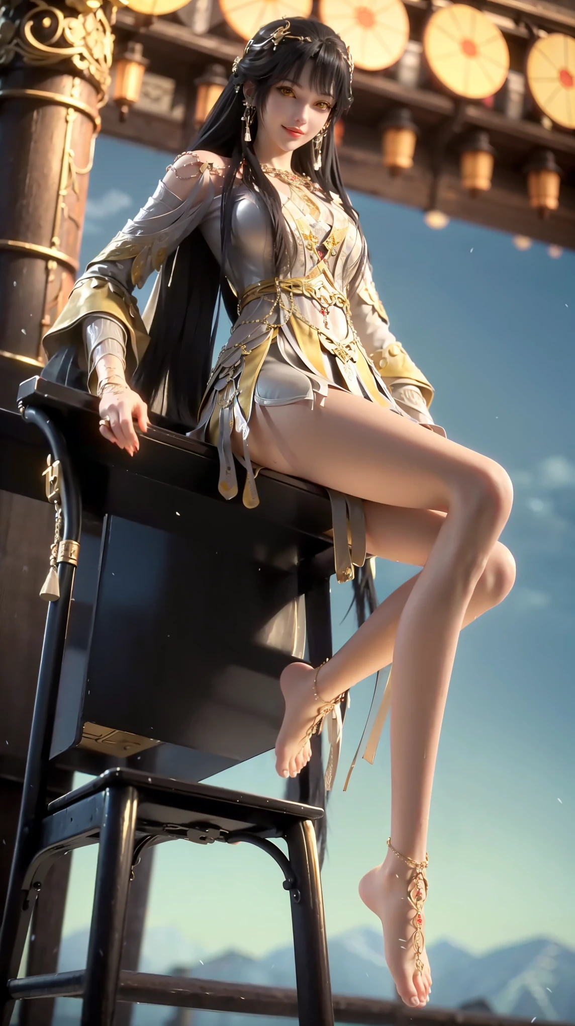 ((Shot in the knee)), ((From below)),A young girl, Wearing a skirt，At the bar, sit on the chair, Cross your legs, Posing elegantly, Detailed scenario, Messy long hair, Blush Blush, Beautiful slender legs, (Very high color saturation), details, Ultra Detailed, (masterpiece, Best quality), (Extremely exquisite and beautiful work), Delicate earrings, Exquisite necklace, Simple blur background, Extremely detailed description, Super Fine, Delicate face, slim body, Thin waist, (Grin), (Anatomically correct)，whole body，barefoot，(((yellow eyes))), ((long black hair)), delicate features
