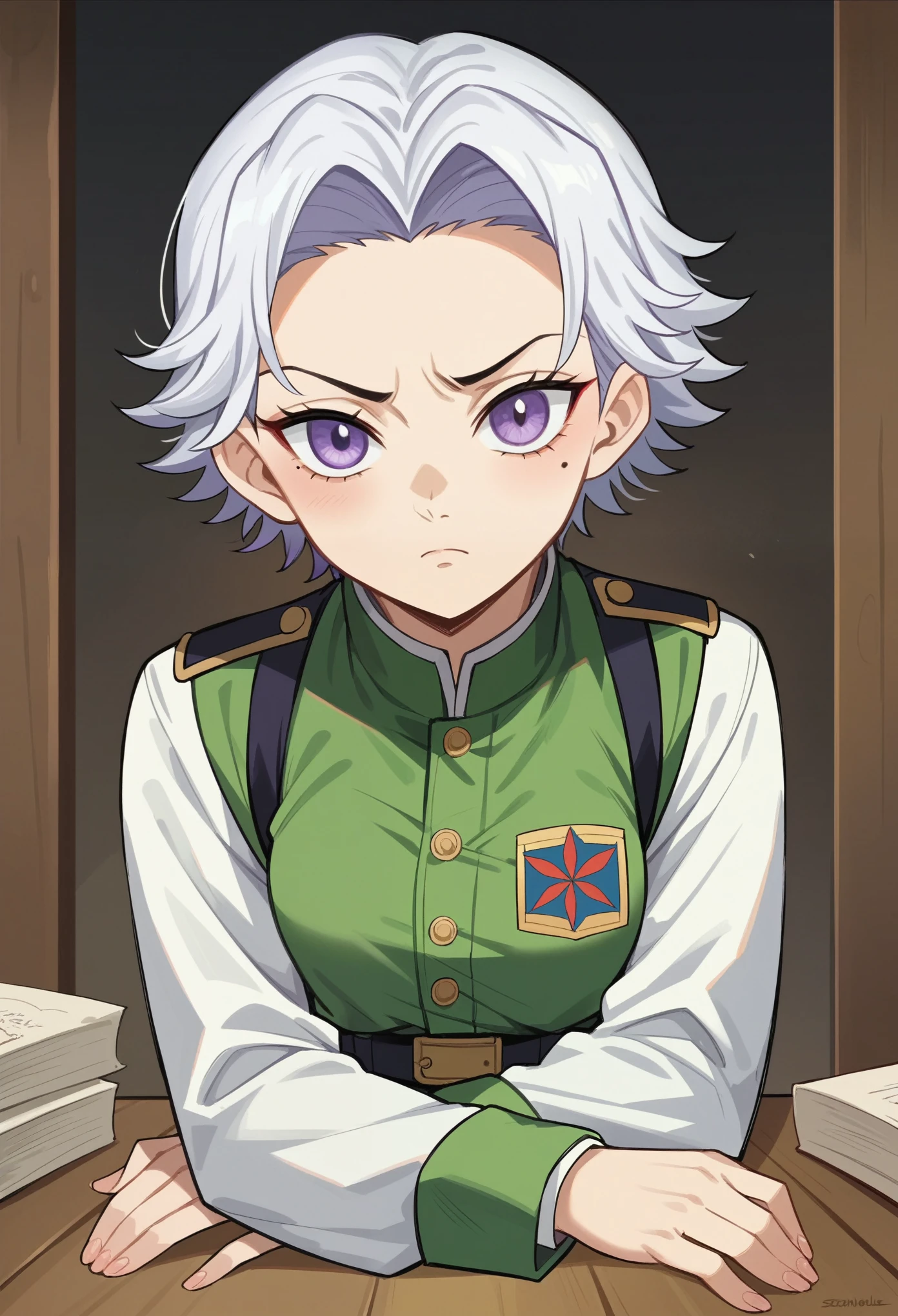 demon slayer screencap of female character with white short hair (hairstyle like ubuyashiki amane),purple eyes,have a mole 3point on left cheek,wearing a demon hunter uniform. ufotable studio season1