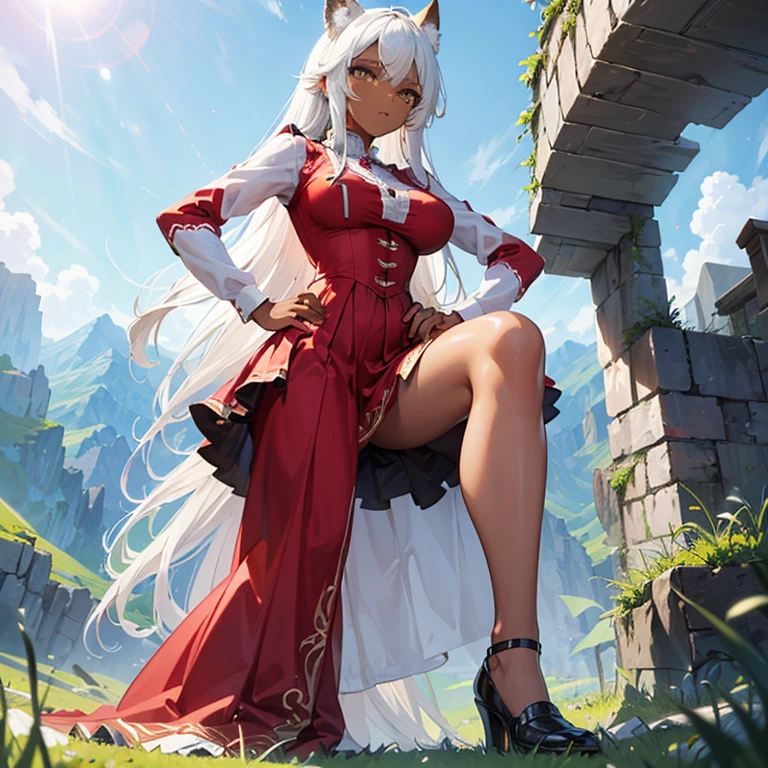 (8k, Realistic, RAW Photos, Highest quality, (from below:2), View your viewers: 1.3), (Fox Girl, Fox Ears, Silver Hair, One Girl, Long Hair, (Alone on the screen, dark skin), High definition:1.6), (Red clothes, White blouse, Victorian Dress:1.8), (Body measurements are 99-55-77!, Nice body, , slender, muscle, (Right hand on right knee, Left hand on left hip, I can see the valley, bent over):1.9),(美しいface, Delicate drawing, It is written down in detail), Avatar, face, 色っぽいface, Dominant retation, naughty face, Uplifting, Skin Texture, outside, ruins, Ruined City, Broken Building, There are no people