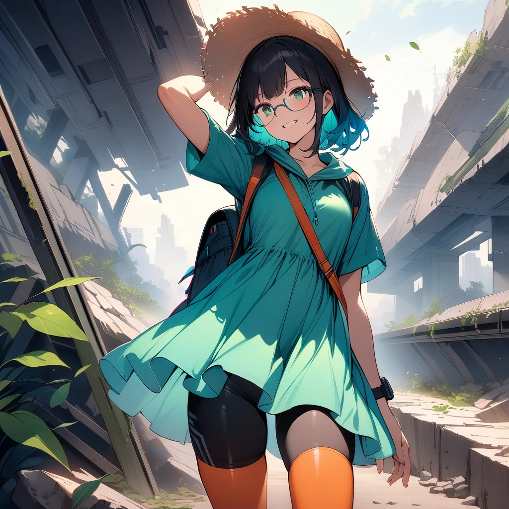 (masterpiece),(best quality),very aesthetic,(ultra-detailed),(super-fine illustration),vibrant colors,high saturation,Collapsed civilization,nsfw,1girl,25yo,slender,tall,medium hair,black hair,natural wave hair,flipped hair,dark green eyes,comfortable,smirk,grin,glasses,(straw hat with leaf color ribbon),carrying a aqua blue rucksack, (thigh-high parka dress with gradient earth color,black bike shorts),short sleeves,Sneaker Shoes,short orange socks,broken wristwatch,Abandoned station platform,Broken concrete ground,standing,Arm raised,(Sowing the seeds),summer,cowboy shot,looking away,wind
