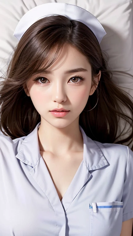 (Lie on your back in bed:1.3), masterpiece、(Professional Portrait、Professional Writing)、Detailed workmanship、High resolution、(8k, High resolution:1.2)、(born, Realistic:1.3)、Highest quality, Slim figure、High resolutionの顔、The face is in focus、High resolutionの目、(Concentrated, Symmetrical pupils:1.2)、High quality and beautiful skin、Firm Skin、Natural Makeup、Gloss lips, High-definition hair texture、(The act of taking off clothes:1.3) break (White nursing uniform、White nurse uniform:1.3) BREAK Japanese women、16 years old、very cute, (Very embarrassed:1.3), (blush:1.3), Similar faces&#39;I am going to cry:1.3、(Look up at the camera:1.2)、(color々Easy-to-shoot angle:1.3)、Mid-chest, Browsing Caution, Cleavage, (Open your mouth),Nipples