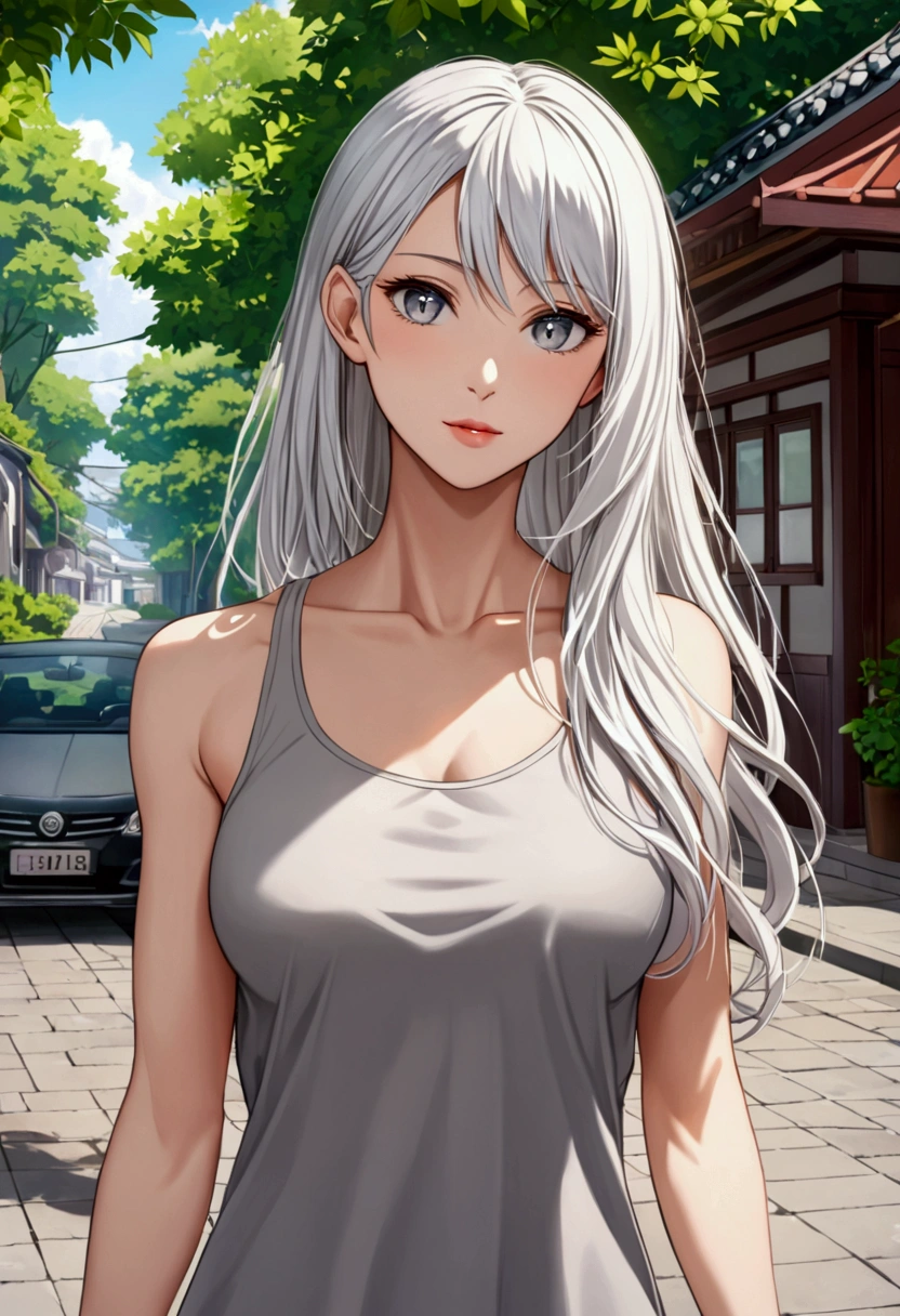 A girl with long white hair,mature grey eyes, slender and athletic built, average height,perfect face, casual dress, detailed eyes, detailed body, 8k highres best quality.