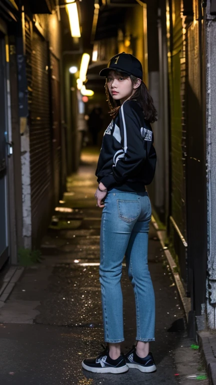 (((11 year old girl))), (((standing in dark alley downtown))), (((midnight))), alone, Japanese, medium hair, wearing cap, straight face, no smile, angry expression, no eye contact with viewer, old stadium jumper and crushed damaged jeans Poorly dressed, looks like a prostitute, back alley in old European city, streetlight illuminates girl's face in darkness, movie scene, high resolution, highly detailed, fine detail, masterpiece, top quality, awards, highest resolution, photorealistic, raw photo, 8K wallpaper
