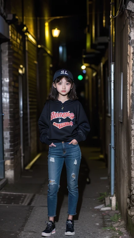 (((11 year old girl))), (((standing in dark alley downtown))), (((midnight))), alone, Japanese, medium hair, wearing cap, straight face, no smile, angry expression, no eye contact with viewer, old stadium jumper and crushed damaged jeans Poorly dressed, looks like a prostitute, back alley in old European city, streetlight illuminates girl's face in darkness, movie scene, high resolution, highly detailed, fine detail, masterpiece, top quality, awards, highest resolution, photorealistic, raw photo, 8K wallpaper