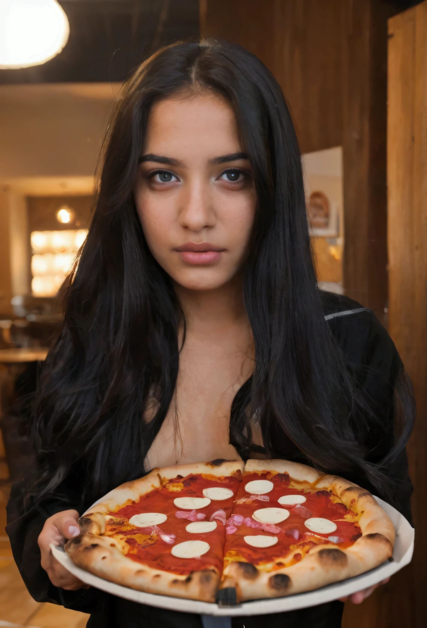 Girl Beautiful of 15 straight hair Black Eyes With A pizza