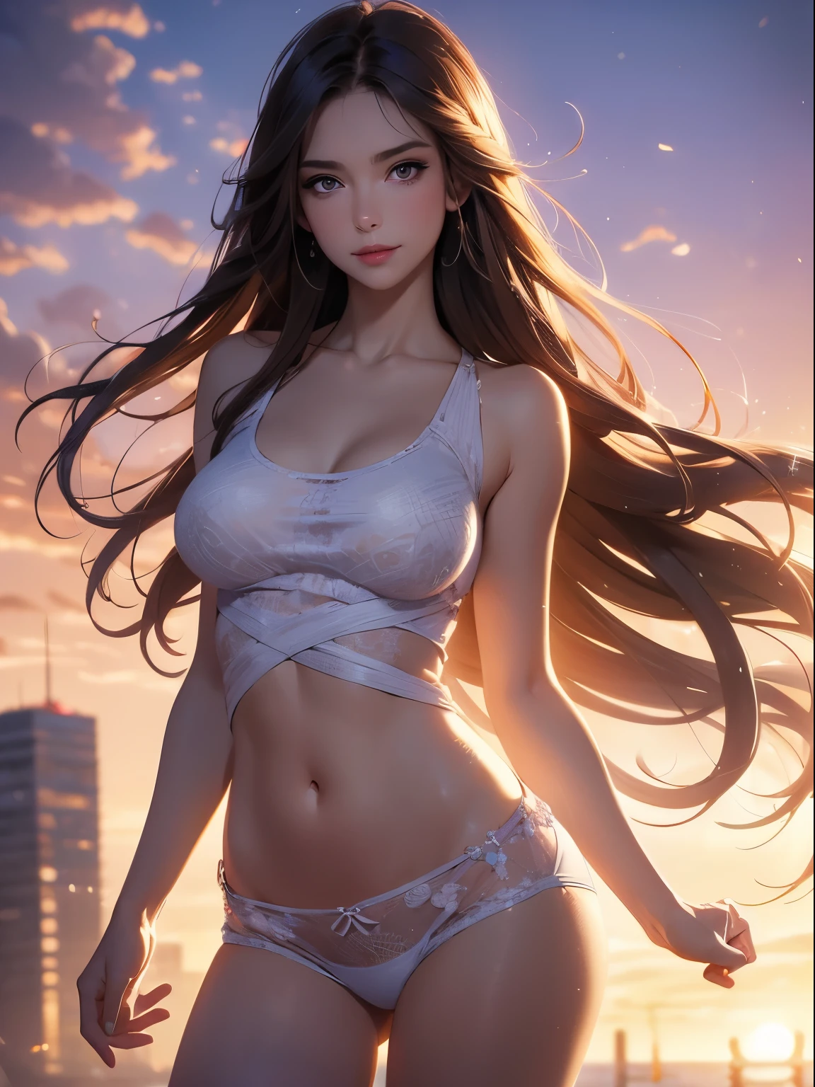((masterpiece)),((best quality)),((high detail)),((realistic,)), 1 shy girl, shy expression, elegant makeup, long brown hair, seductive eyes, bright lips, sexy pose, (beautiful detailed face: 1.0), smiling, feminine approach, tank top, tight top, white top, sensual cleavage, big breasts, pointed breasts, (perfect body), prominent nipples, bare abdomen, wind blowing, purple panties, standing and watching the sky, sunset in the city, tight clothes,