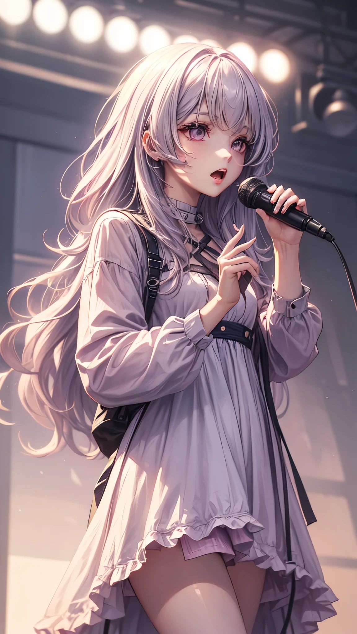 1 girl, standing holding a microphone and singing, she has a beautiful face and body of a 20 year old girl, she has long, flowing gray pink hair and she wears a dress with keyboard motifs and a Small ticker number on the hem of the dress