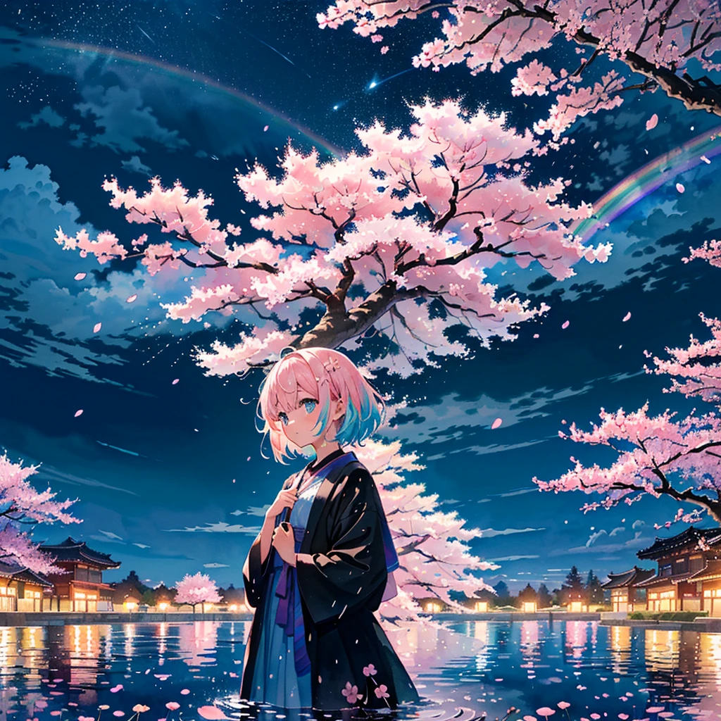 (Masterpiece, Best Quality, Best Quality, Watercolor (Crinkly), Official Art, Beautiful and Aesthetic: 1.2), (One Girl: 1.3), (Fractal Art: 1.3), Pattern, (Rainbow Hair, Colorful Hair, half blue and half light pink hair: 1.2), water, liquid, clouds, starry sky, performers, ((rain)),(((cherry blossoms))),(night),(cherry blossoms)