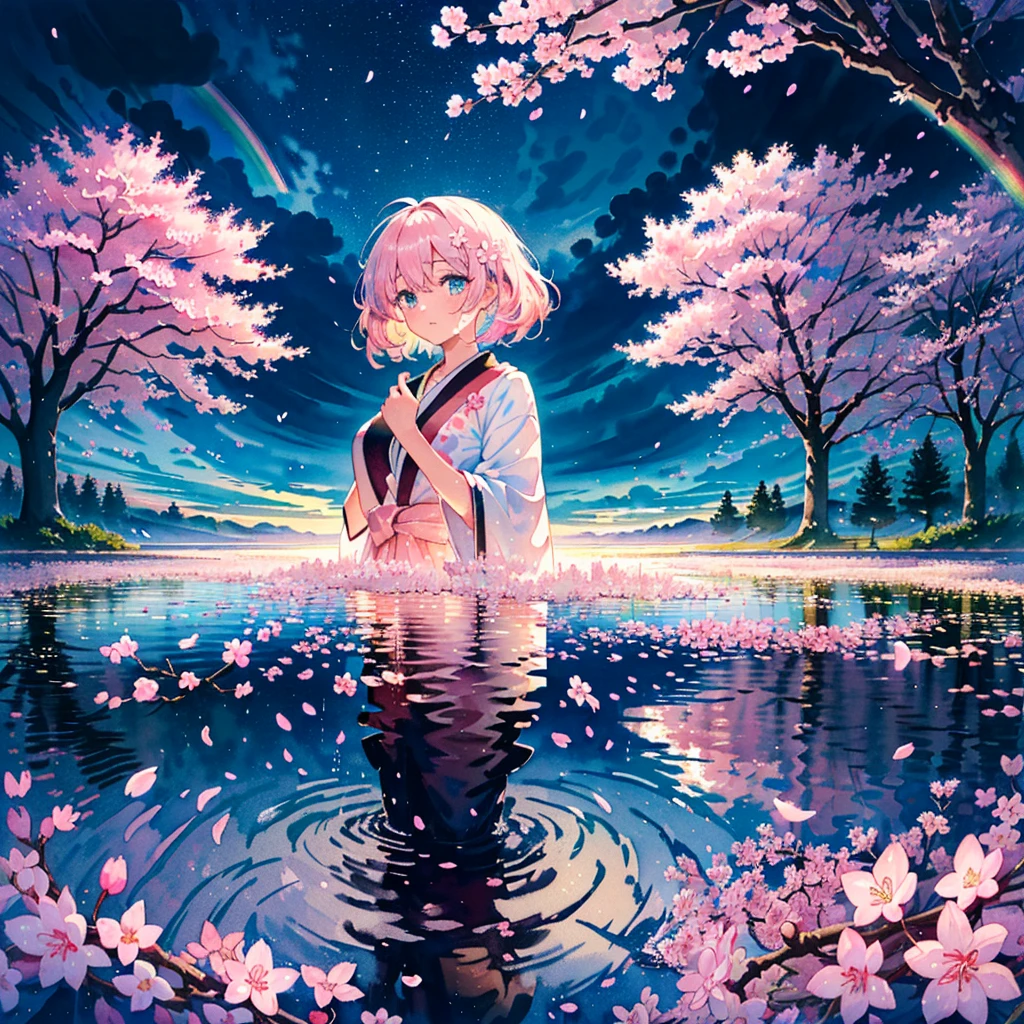 (Masterpiece, Best Quality, Best Quality, Watercolor (Crinkly), Official Art, Beautiful and Aesthetic: 1.2), (One Girl: 1.3), (Fractal Art: 1.3), Pattern, (Rainbow Hair, Colorful Hair, half blue and half light pink hair: 1.2), water, liquid, clouds, starry sky, performers, ((rain)),(((cherry blossoms))),(night),(cherry blossoms)