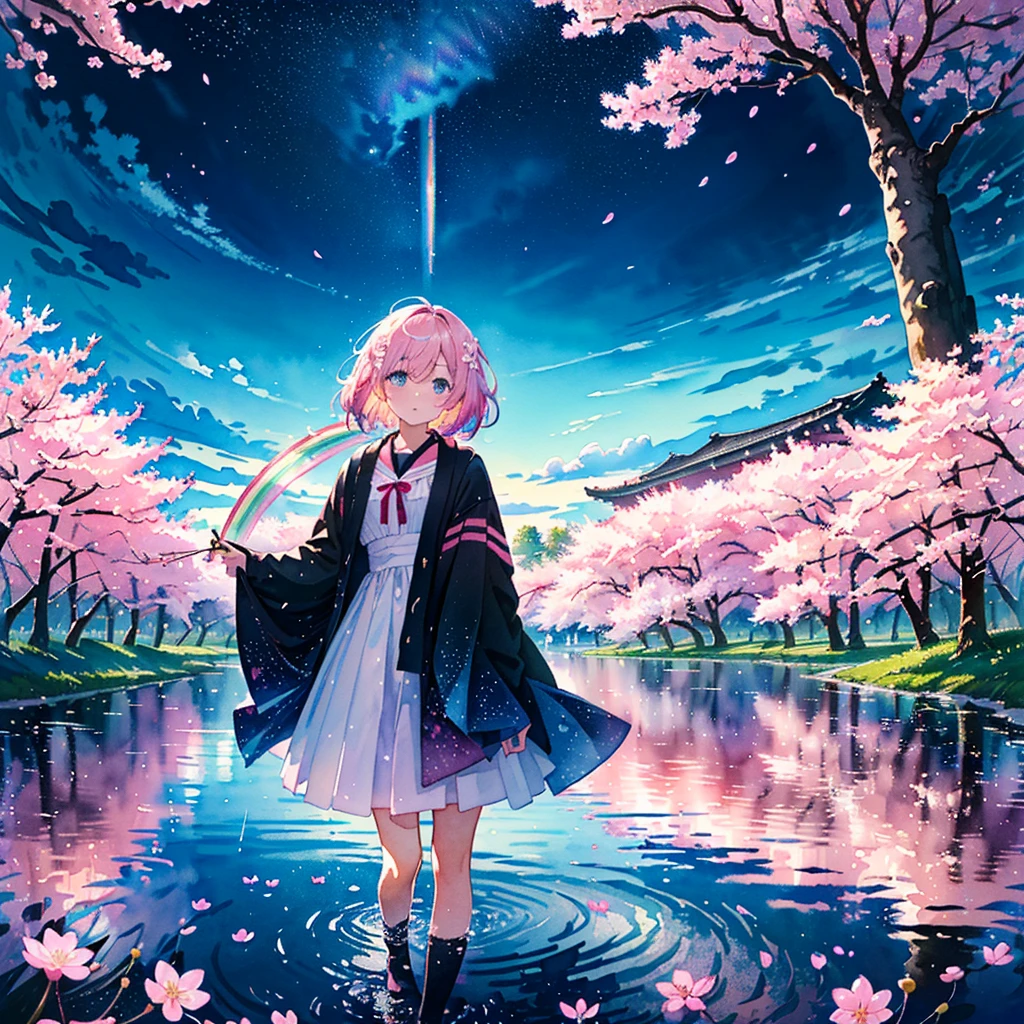 (Masterpiece, Best Quality, Best Quality, Watercolor (Crinkly), Official Art, Beautiful and Aesthetic: 1.2), (One Girl: 1.3), (Fractal Art: 1.3), Pattern, (Rainbow Hair, Colorful Hair, half blue and half light pink hair: 1.2), water, liquid, clouds, starry sky, performers, ((rain)),(((cherry blossoms))),(night),(cherry blossoms)
