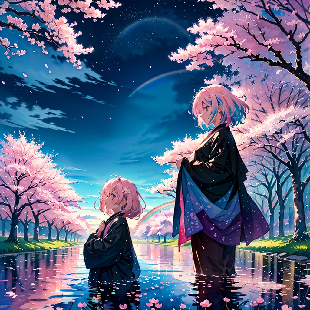 (Masterpiece, Best Quality, Best Quality, Watercolor (Crinkly), Official Art, Beautiful and Aesthetic: 1.2), (One Girl: 1.3), (Fractal Art: 1.3), Pattern, (Rainbow Hair, Colorful Hair, half blue and half light pink hair: 1.2), water, liquid, clouds, starry sky, performers, ((rain)),(((cherry blossoms))),(night),(cherry blossoms)
