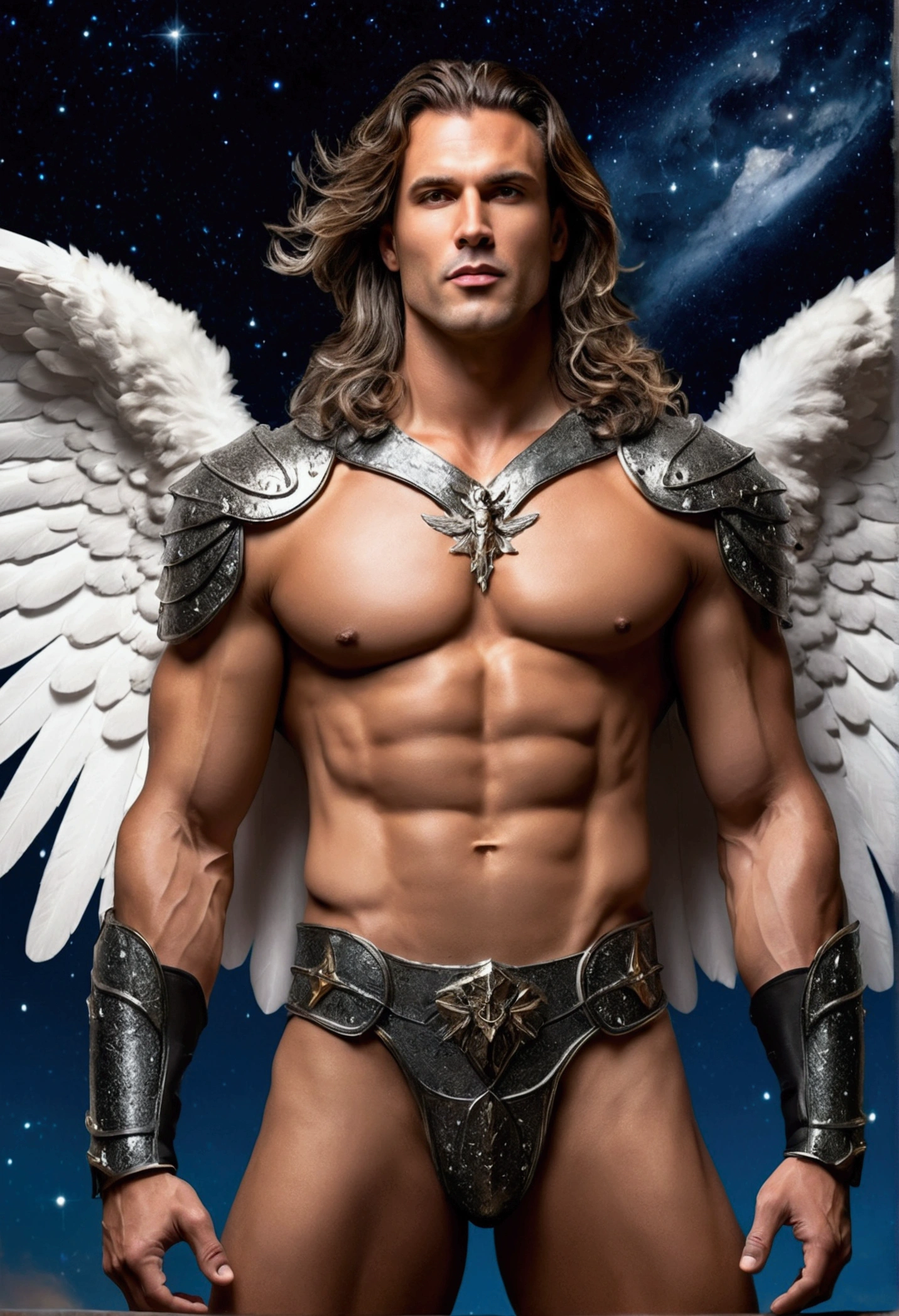 realistic angel masculine and rustic man with strong chest few hairs with a sexy body, highlighting his large penis in his warrior armor long hair, sexy mouth sexy look penetrating fully open black wings realistic long and open floating over the starry sky framing the entire body and wings in the image