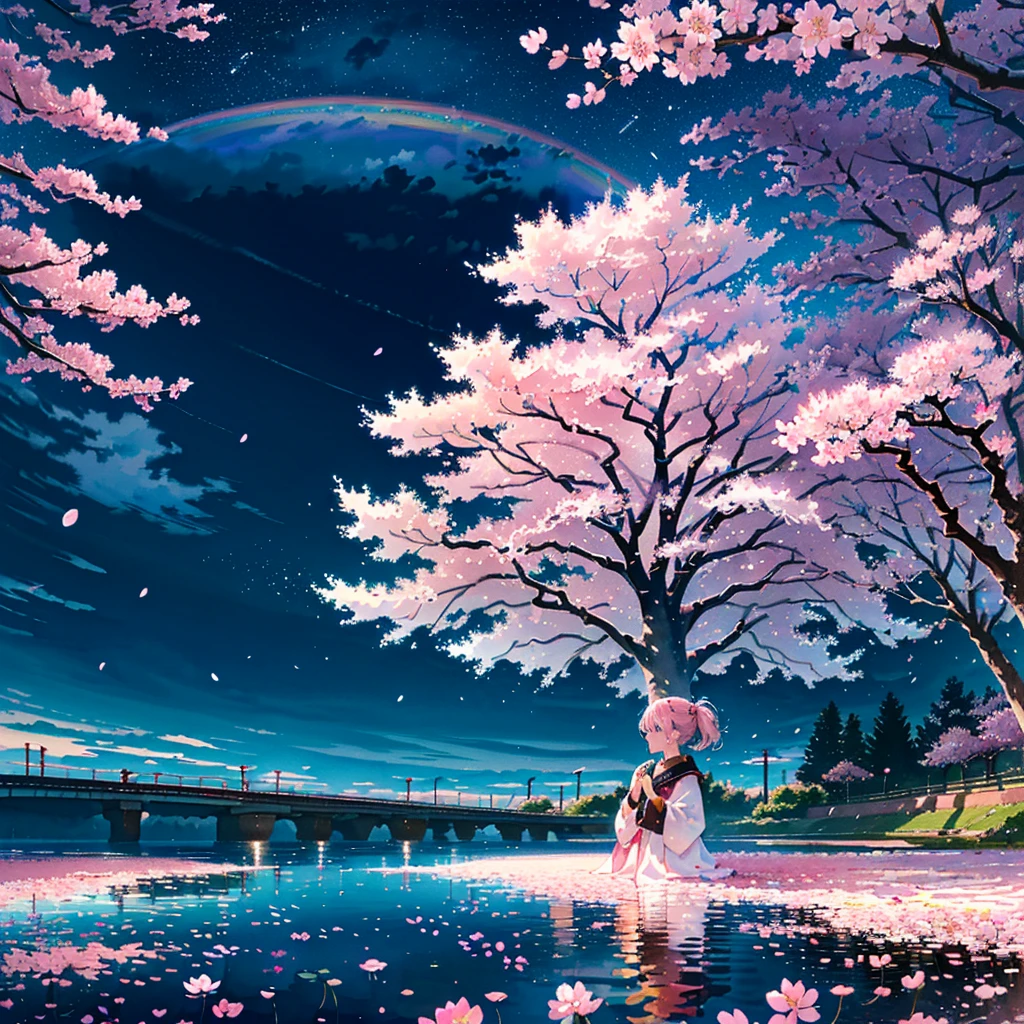 (Masterpiece, Best Quality, Best Quality, Watercolor (Crinkly), Official Art, Beautiful and Aesthetic: 1.2), (One Girl: 1.3), (Fractal Art: 1.3), Pattern, (Rainbow Hair, Colorful Hair, half blue and half light pink hair: 1.2), water, liquid, clouds, starry sky, performers, ((rain)),(((cherry blossoms))),(night),(cherry blossoms)