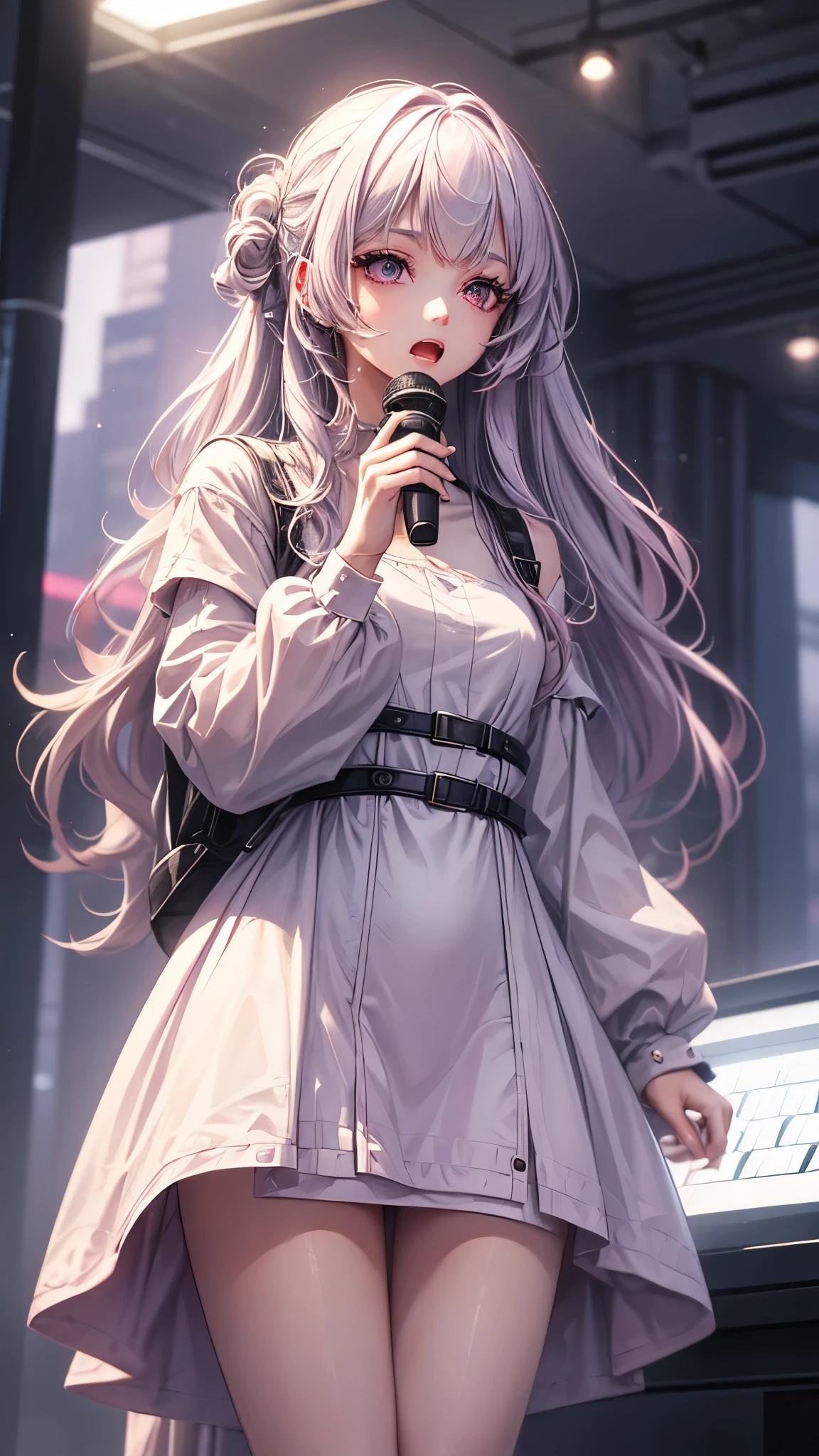 1 girl, standing holding a microphone and singing, she has a beautiful face and body of a 20 year old girl, she has long, flowing gray pink hair and she wears a dress with keyboard motifs and a Small ticker number on the hem of the dress