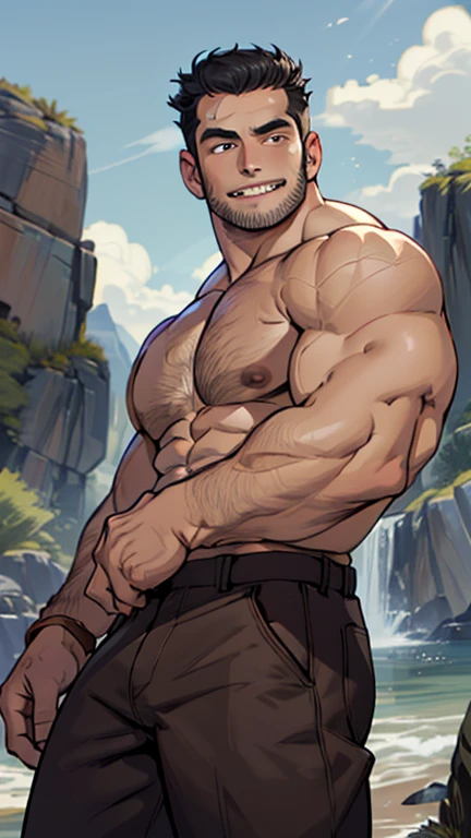Head to knee pictures, (1 person, Shirtless, muscular, Topless, Thick body hair)), Dark black hair, Hair blowing in the wind, short hair with bangs that fall over the forehead and on both sides of the face, male, Humanity, attractive, Handsome (Delicate face, Perfect face) ((Extremely realistic shadows, masterpiece, Extremely detailed, Reality), ((22-year-old young man)), Broad shoulders, huge, muscular的胸肌, Strong man, Fitness postures, Carefree expression, Naughty smile, huge, muscular的身体和huge, Raised pectoral muscles, Muscle Abs, Willow Waist, short hair, blue eyes, Exquisite big eyes, Open your eyes ((Delicate eyes)) rocky beach, Jedi Style Loose Brown Pants,muscular的高个子男人,Shot from below