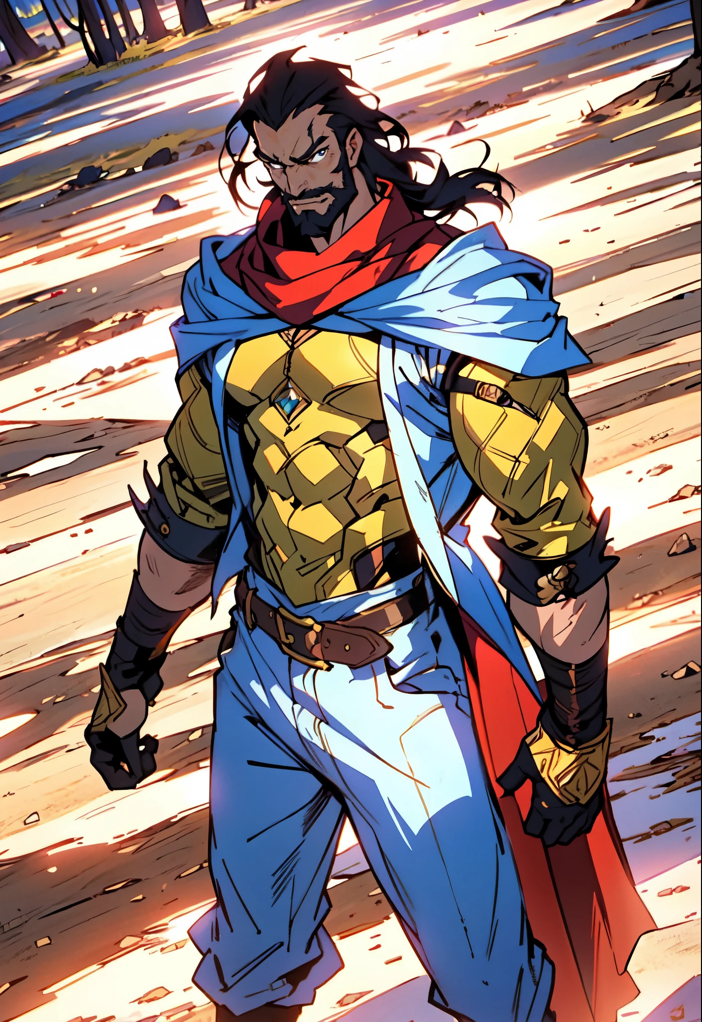 (masterpiece:1.2, best quality:1.2, extremely delicate:1.2), ((male:1.5)), a middle-aged man with slicked-back brown long hair, golden parted bangs, raised thick eyebrows, sharp eyes, rugged features, a full beard, a confident smile, tall and sturdy build, a fantasy martial arts style white open-chest silk coat with a long hem, a yellow shawl, long gloves, a leather belt, canvas trousers, standing in a sunny desert oasis, this character embodies a finely crafted fantasy martial arts style desert ruler in anime style, exquisite and mature manga art style, dramatic, high definition, highres, ultra-detailed, ultra-fine painting, professional, perfect body proportions, golden ratio, anatomically correct, symmetrical face, extremely detailed eyes and face, high quality eyes, creativity, RAW photo, UHD, 32k, Natural light, cinematic lighting, (masterpiece-anatomy-perfect:1.2)